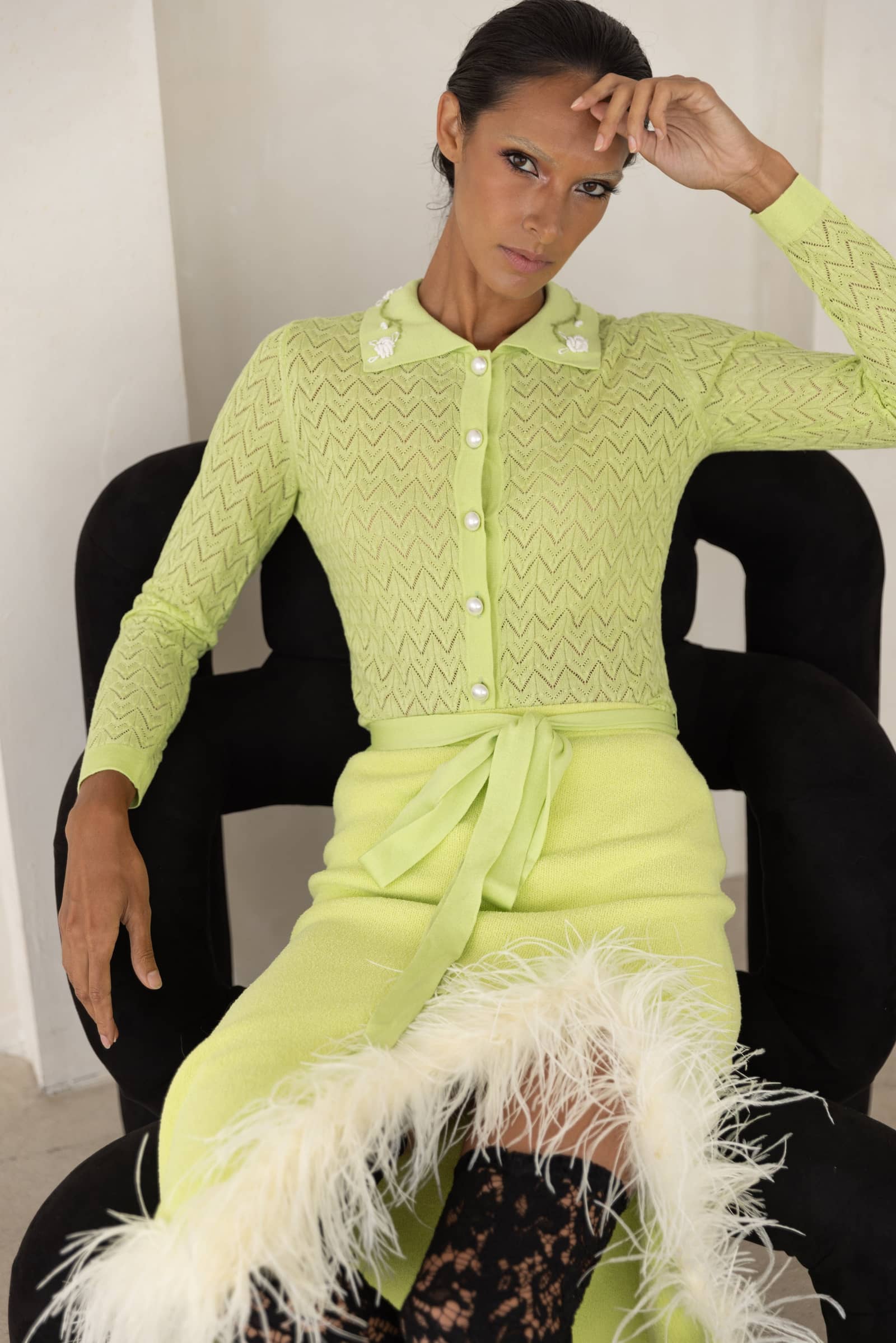 Lime Cashmere Shirt With Embroidery in Green made by ANDREEVA