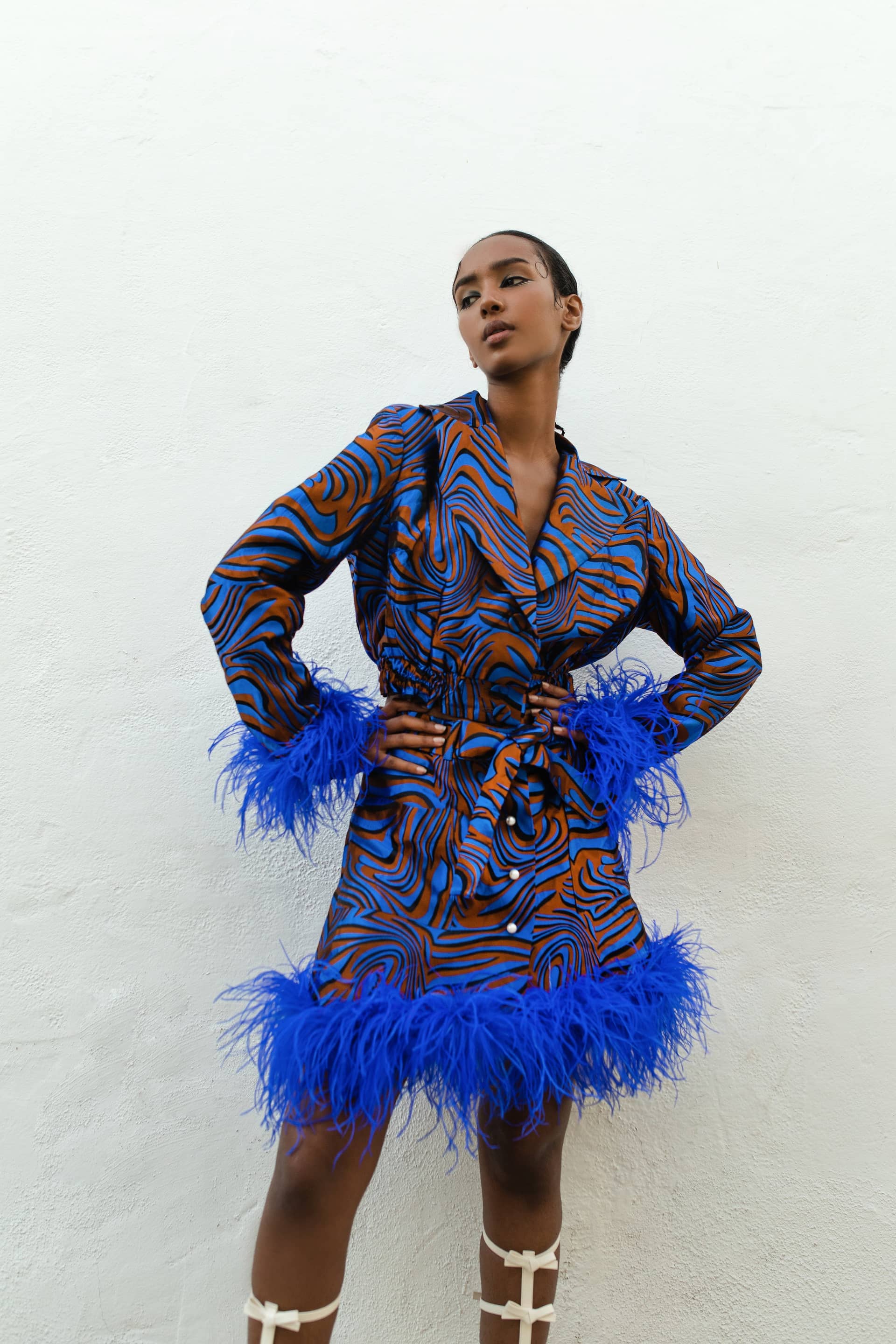 Blue Marilyn Jacket With Feathers made by ANDREEVA