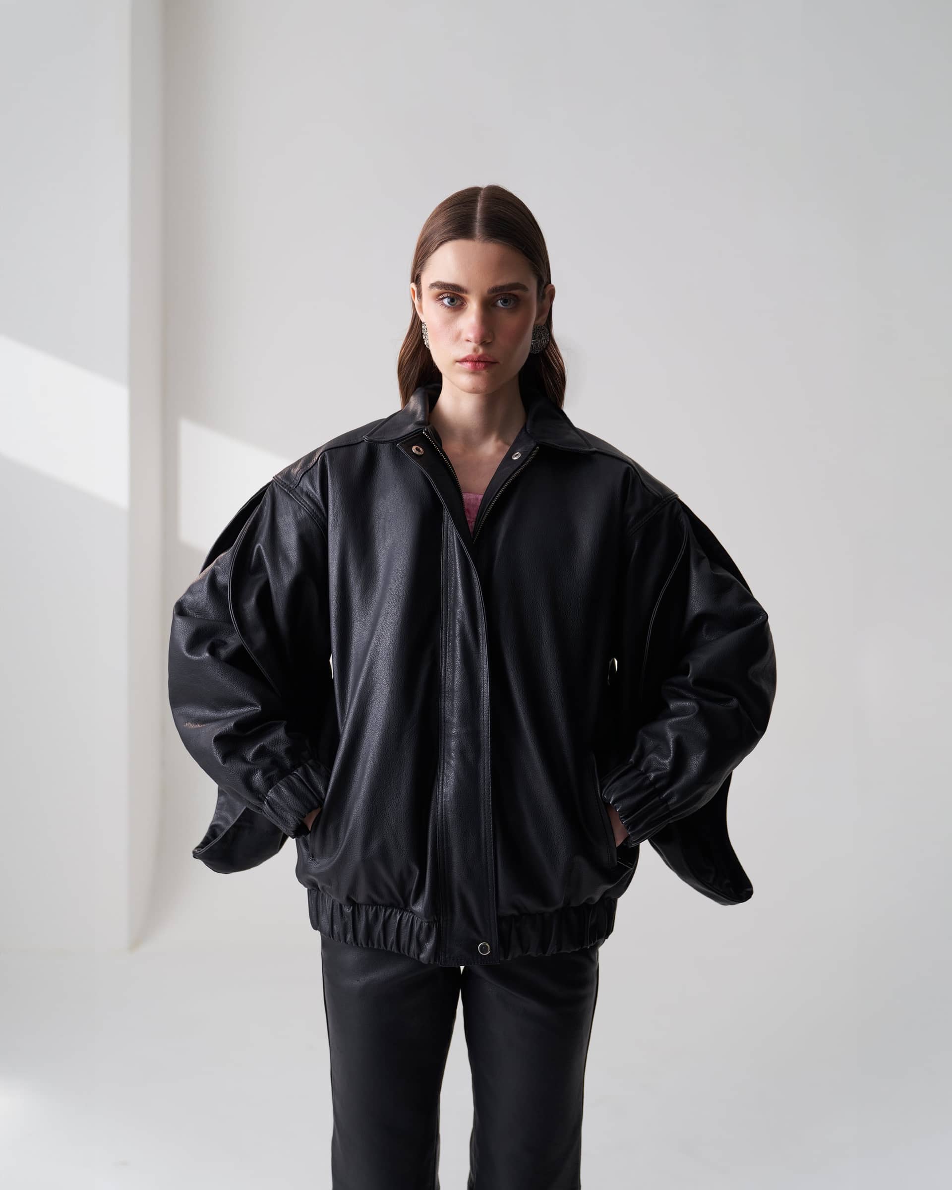 Oversized Leather Bomber Jacket made by Szabo Sihag