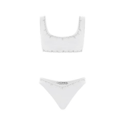 Aaliyah Hand Beaded White Bikini Top in White made by Oceanus Swimwear