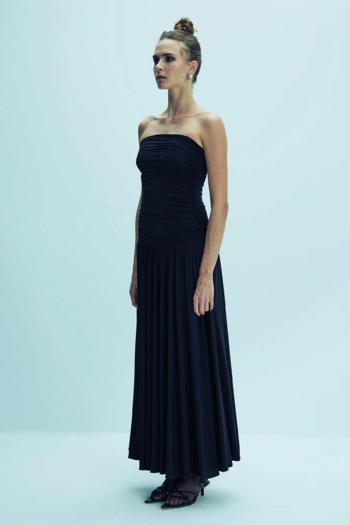 Amber Strapless Jersey Long Dress in Black made by Nazli Ceren