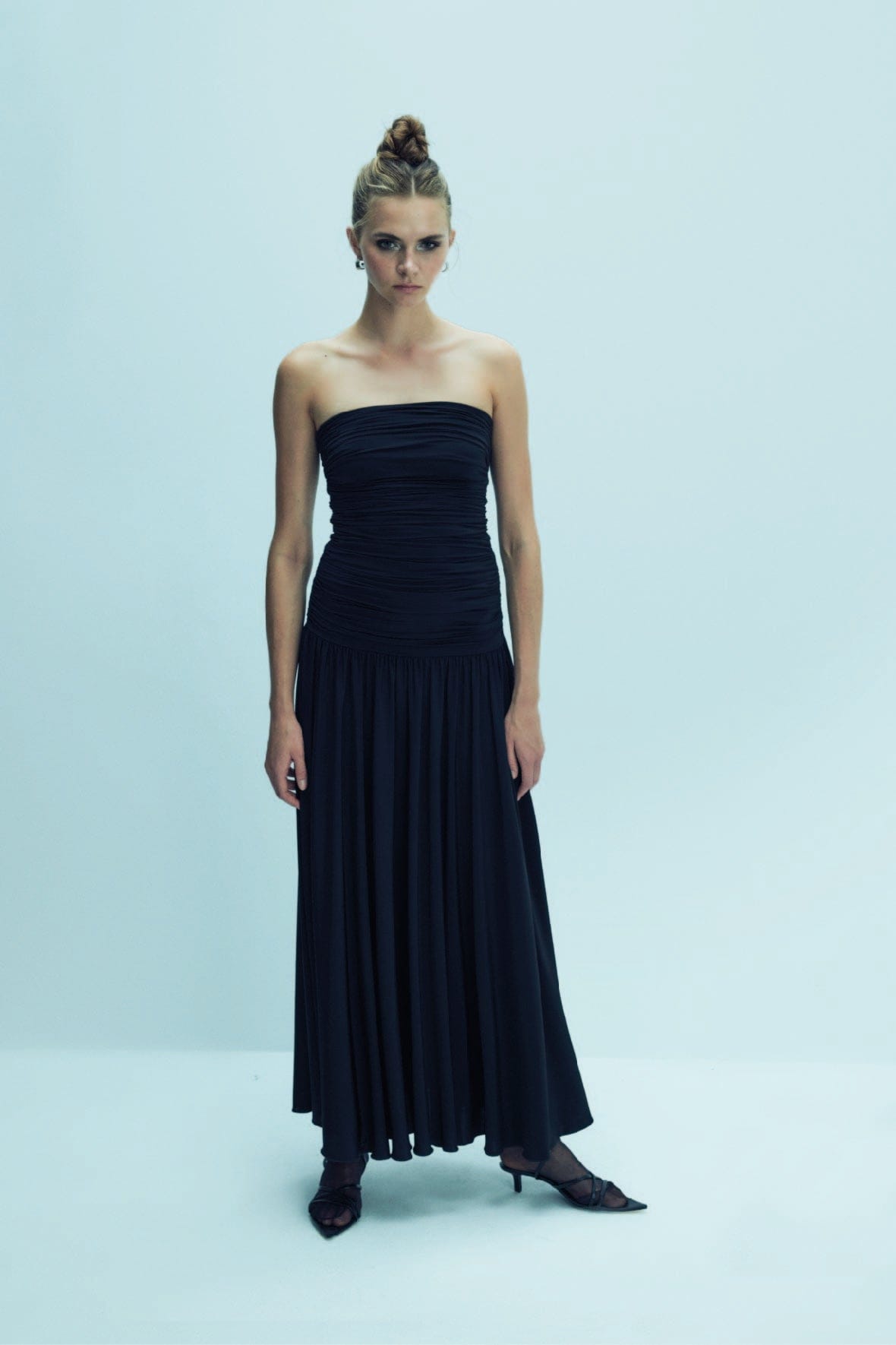 Amber Strapless Jersey Long Dress in Black made by Nazli Ceren