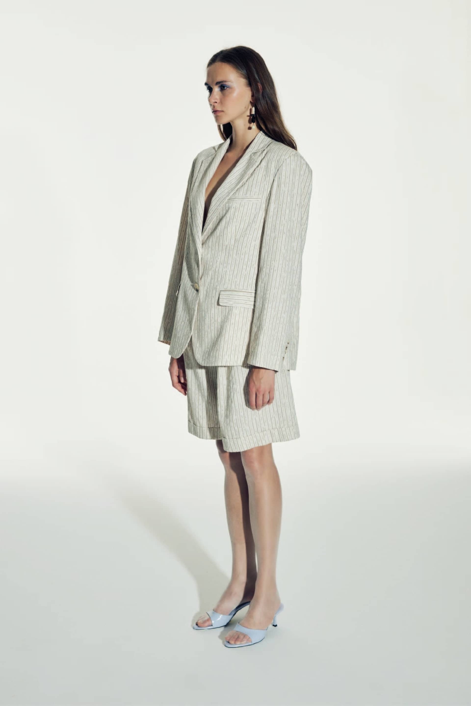 Boxy Oversize Striped Linen Blazer in Walnut made by Nazli Ceren