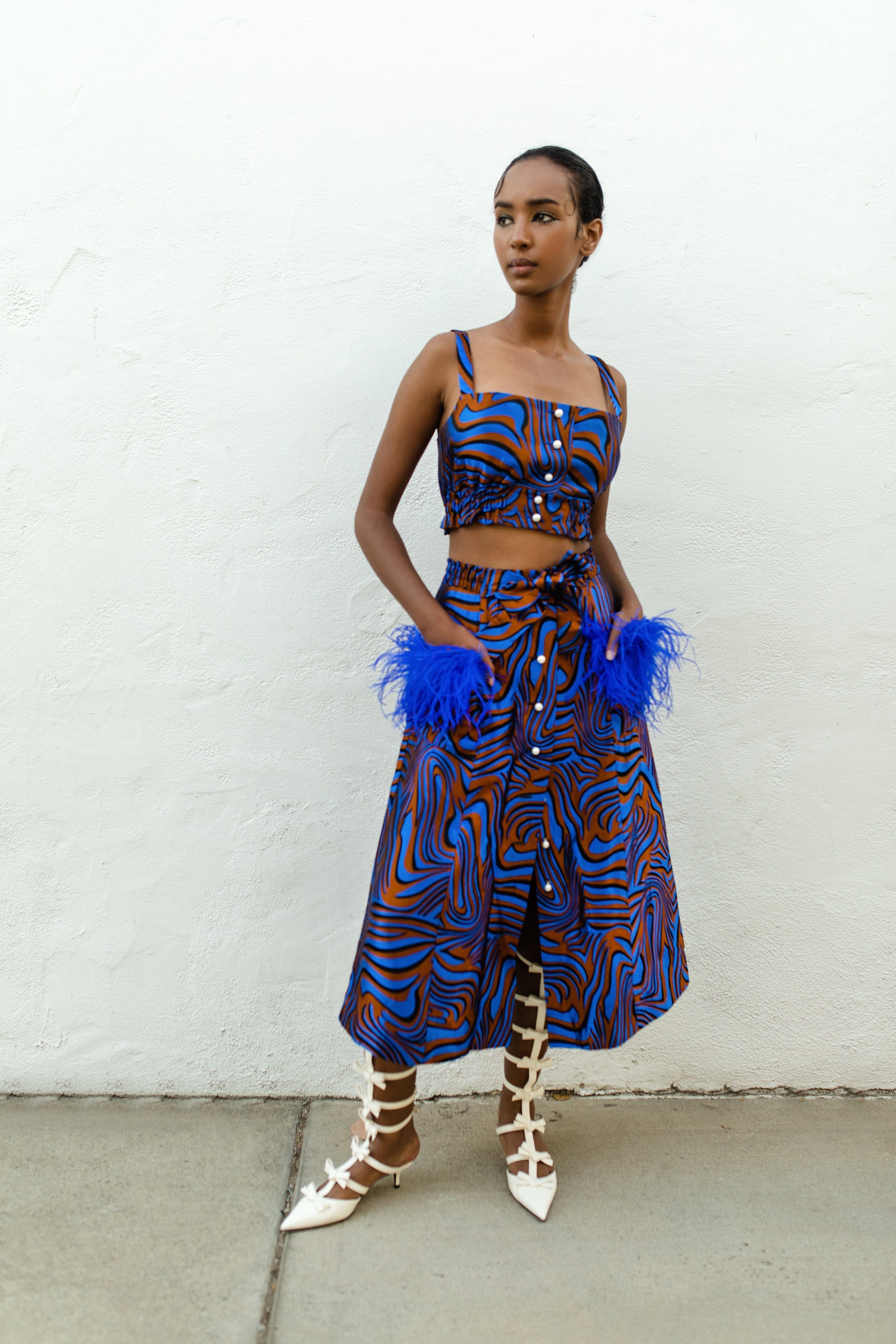 Blue Printed Skirt With Feathers made by ANDREEVA