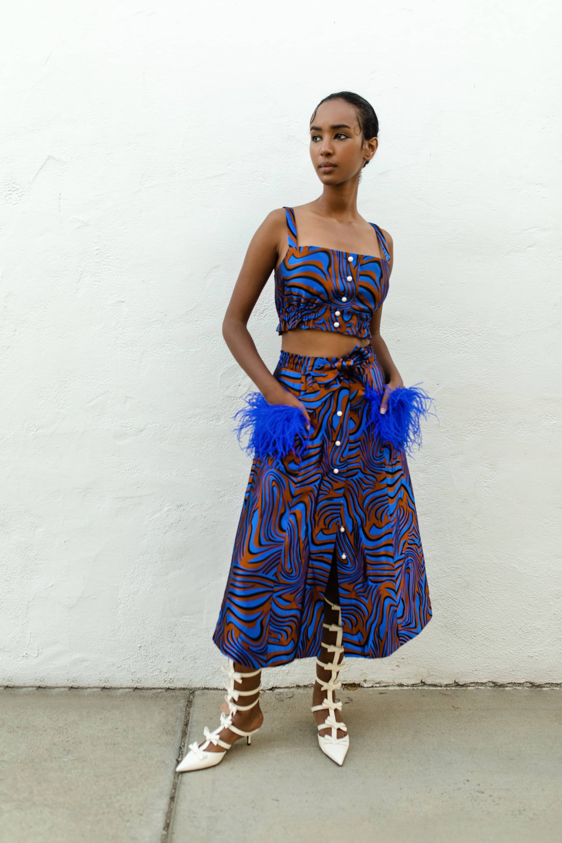 Blue Printed Skirt With Feathers made by ANDREEVA