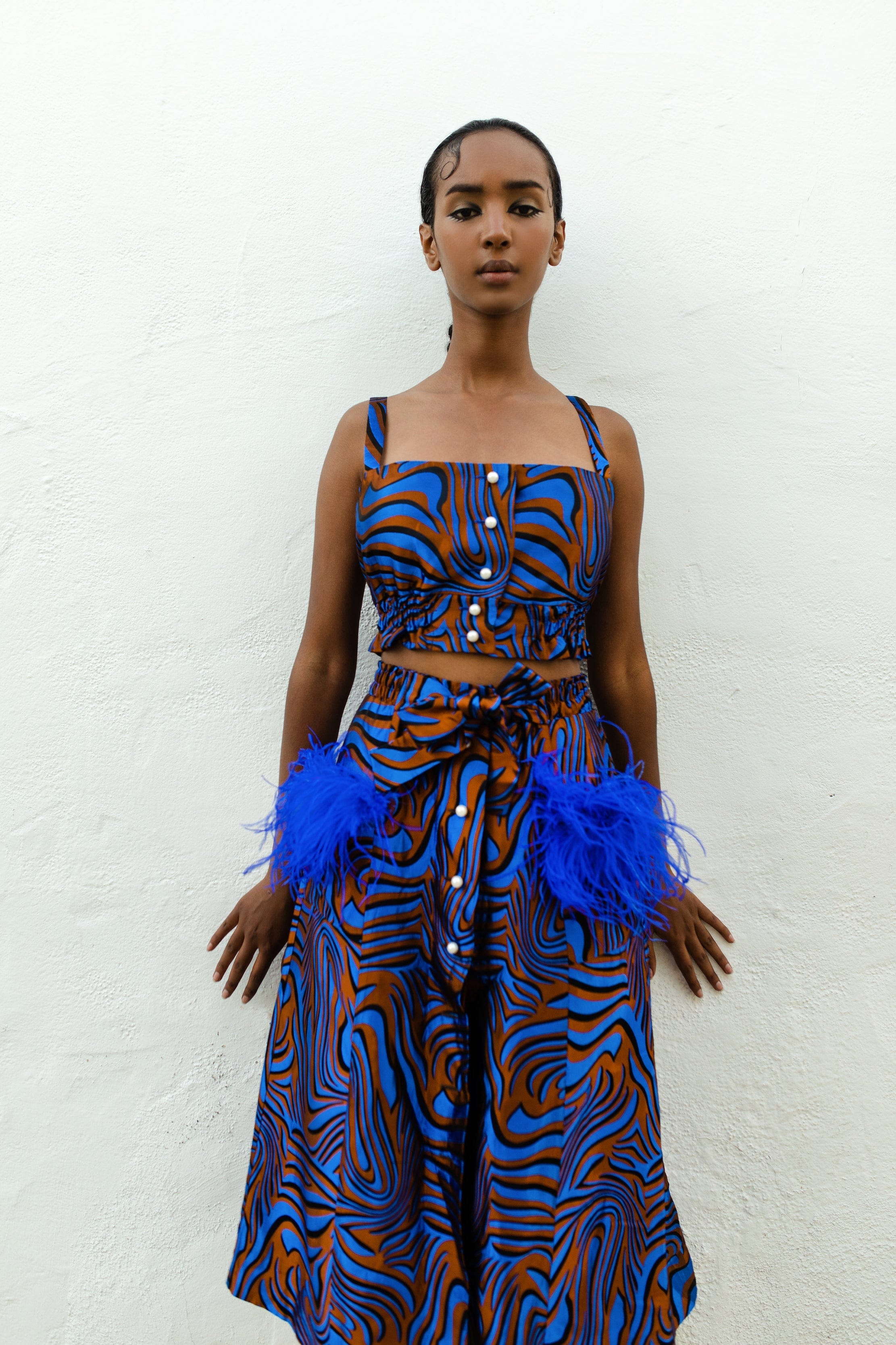Blue Printed Skirt With Feathers made by ANDREEVA