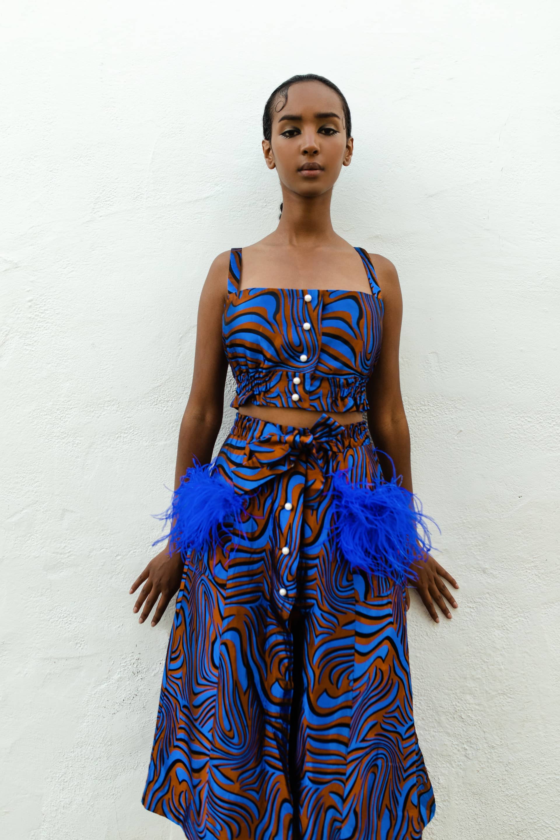 Blue Printed Skirt With Feathers made by ANDREEVA