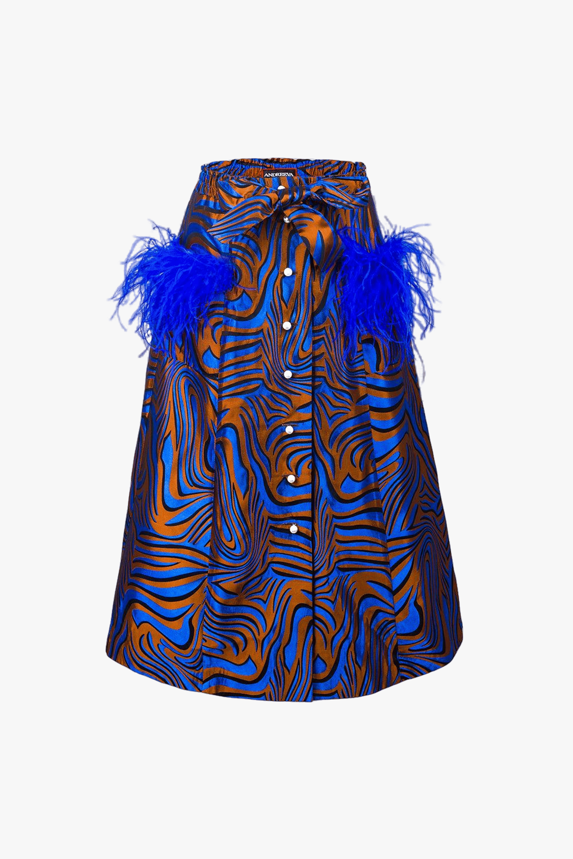 Blue Printed Skirt With Feathers made by ANDREEVA
