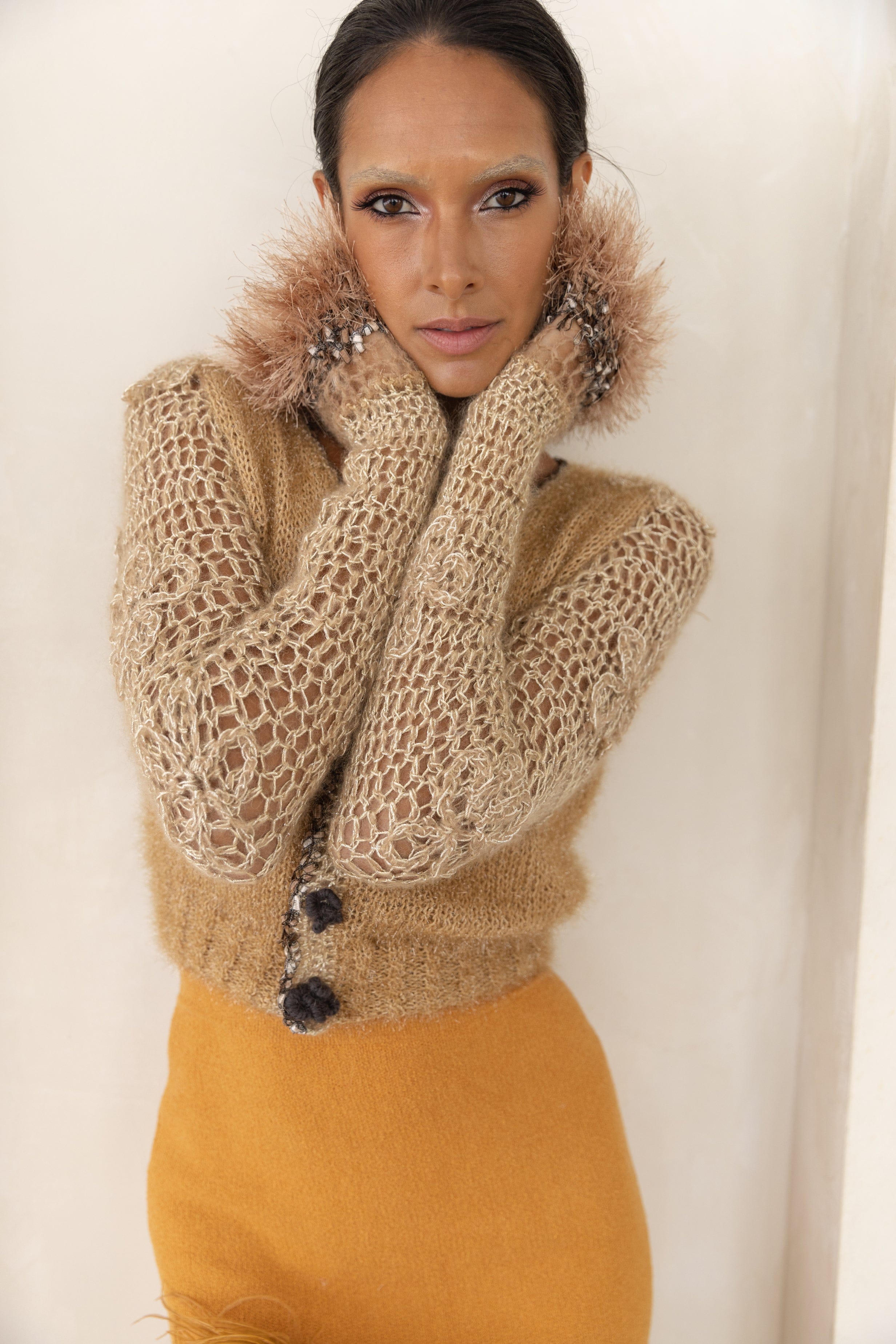 Camel Handmade Knit Cardigan in Brown made by ANDREEVA