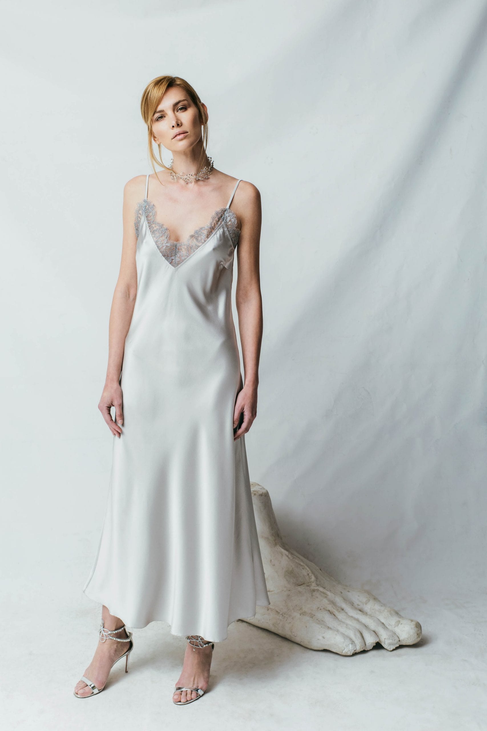 Silver Chantilly Lace Silk-satin Slip-dress made by Aureliana