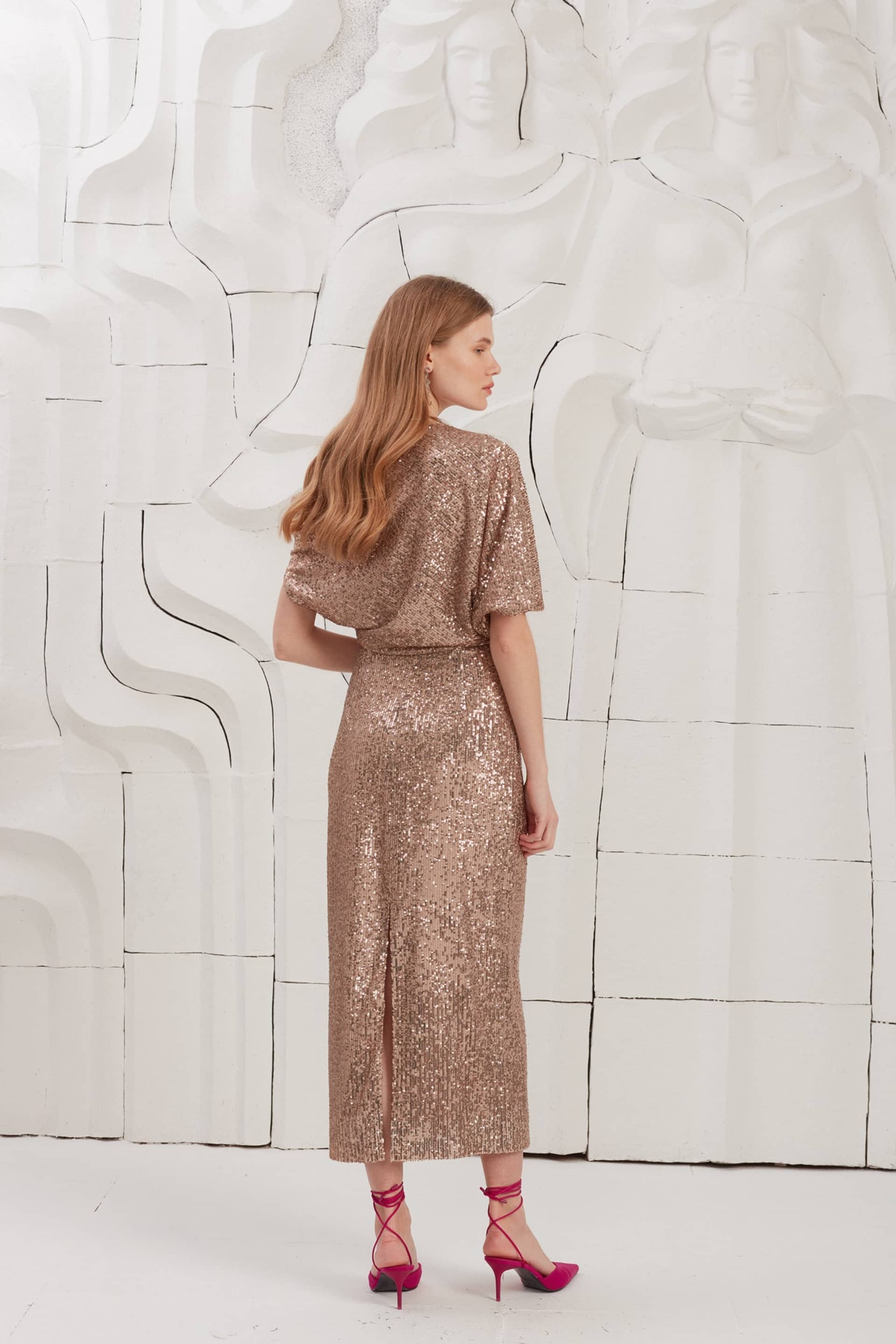MARGO nude sequin asymmetric evening dress made by UNDRESS