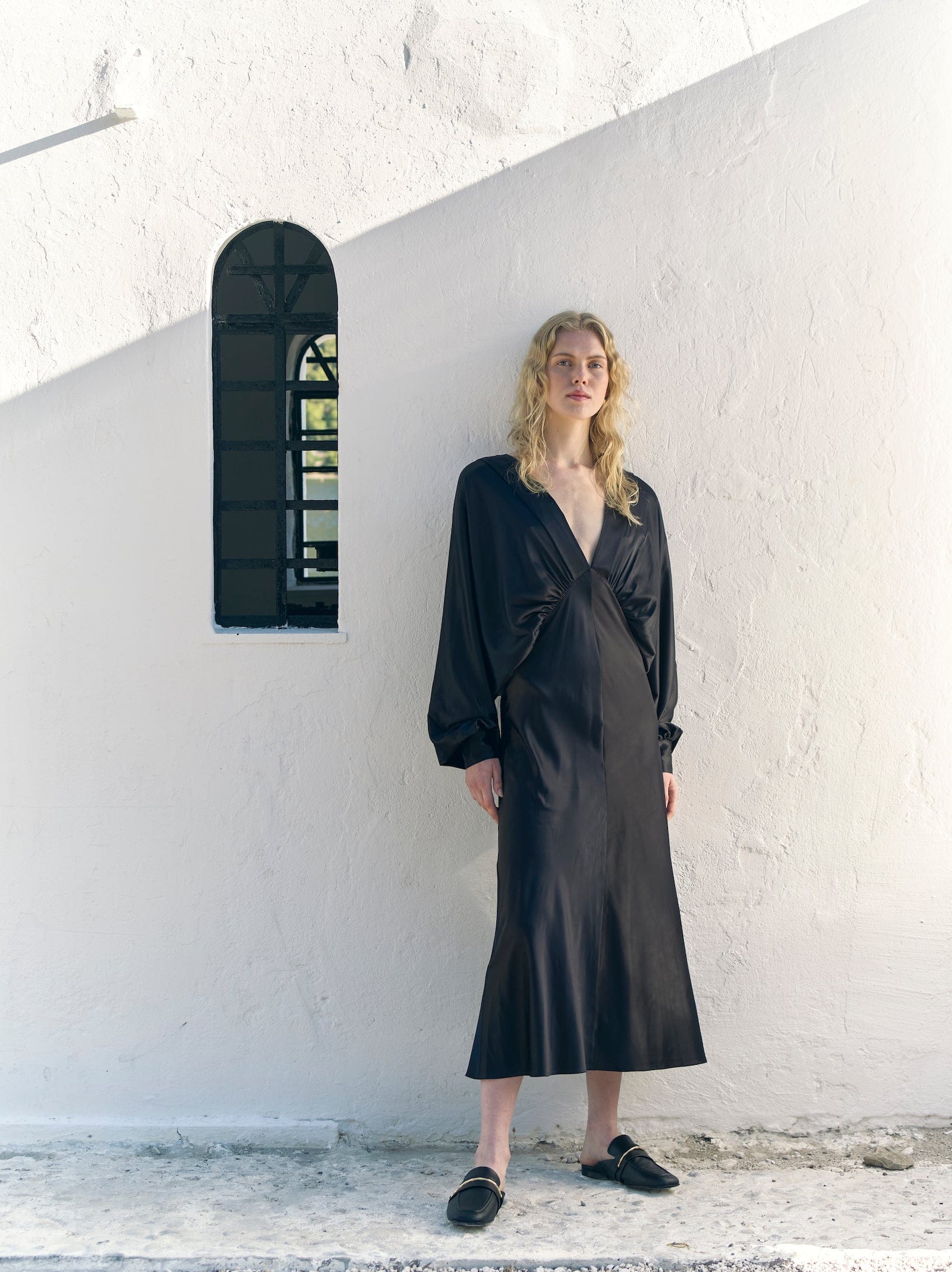 Mila V Neck Satin Dress in Black made by Nazli Ceren