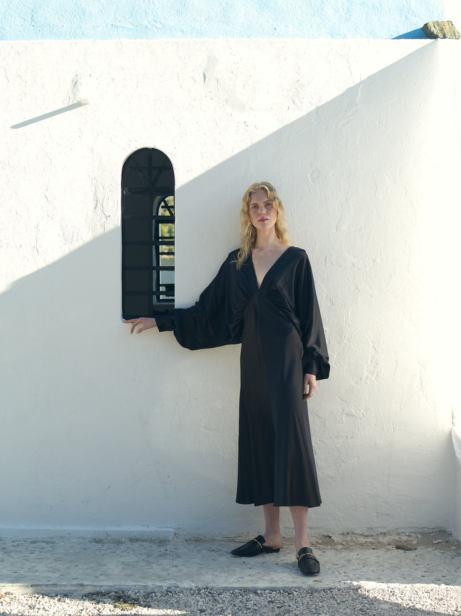 Mila V Neck Satin Dress in Black made by Nazli Ceren