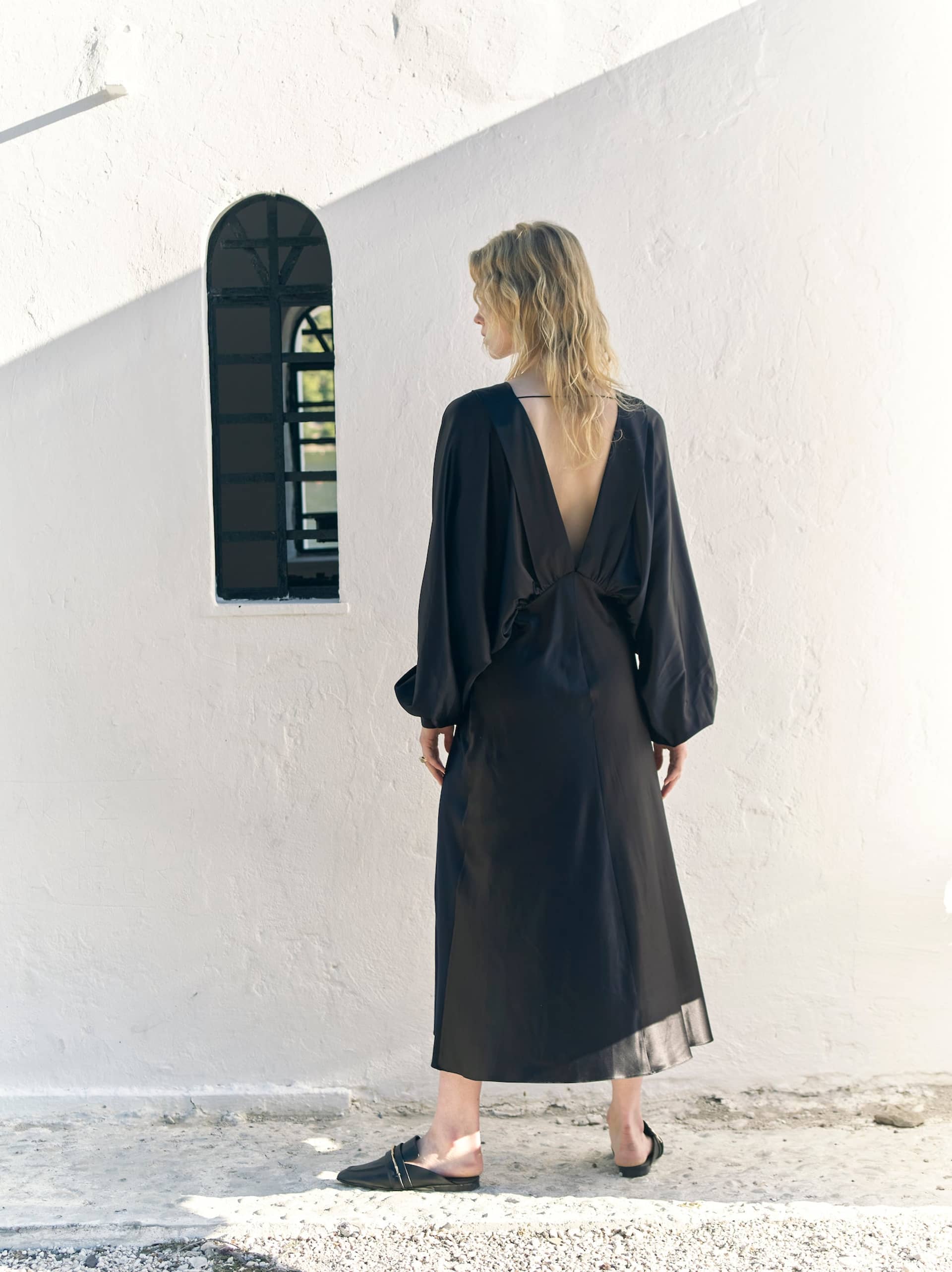 Mila V Neck Satin Dress in Black made by Nazli Ceren