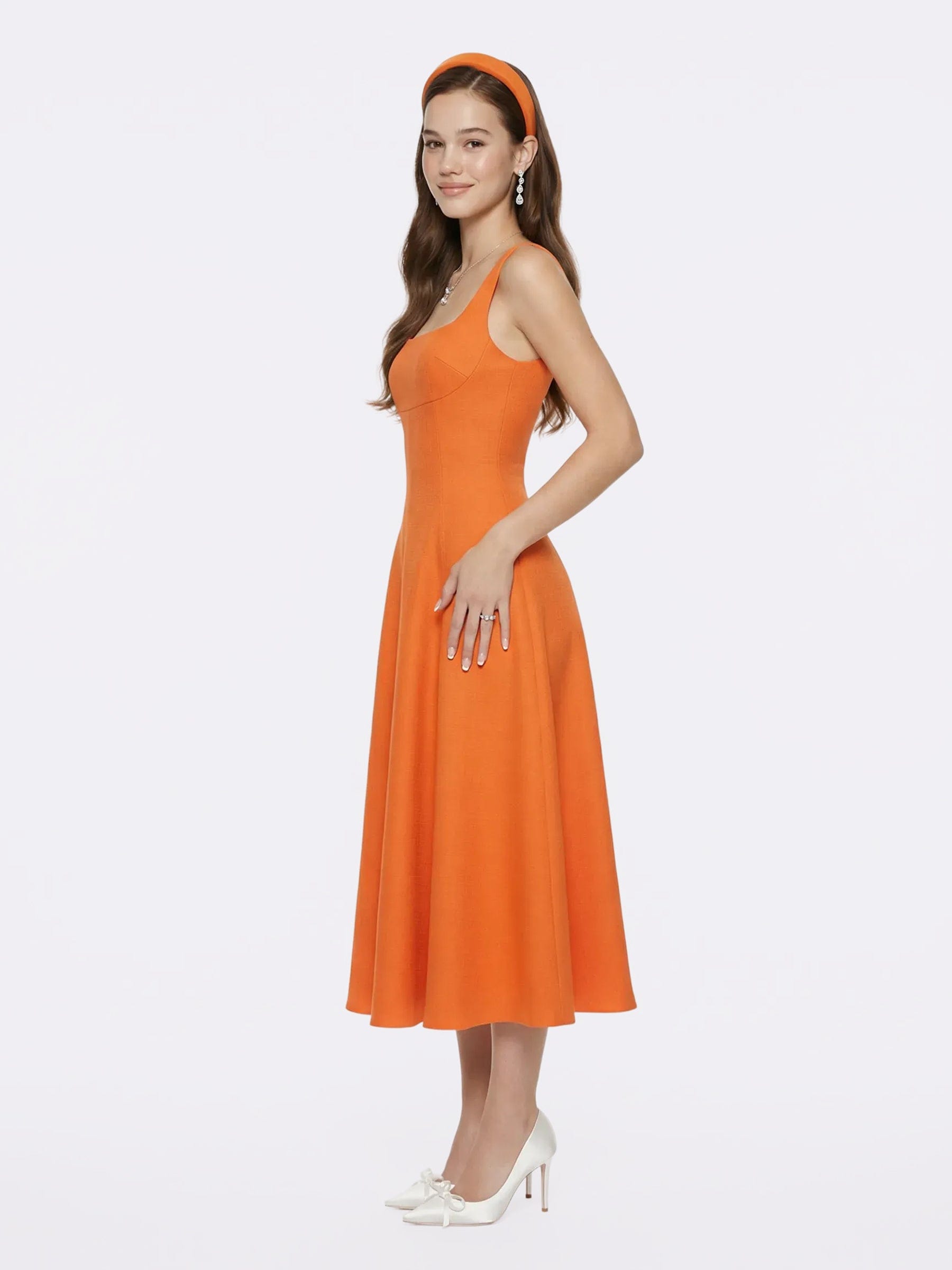Josephine Square-Neck Orange Midi Dress made by Nana Jacqueline