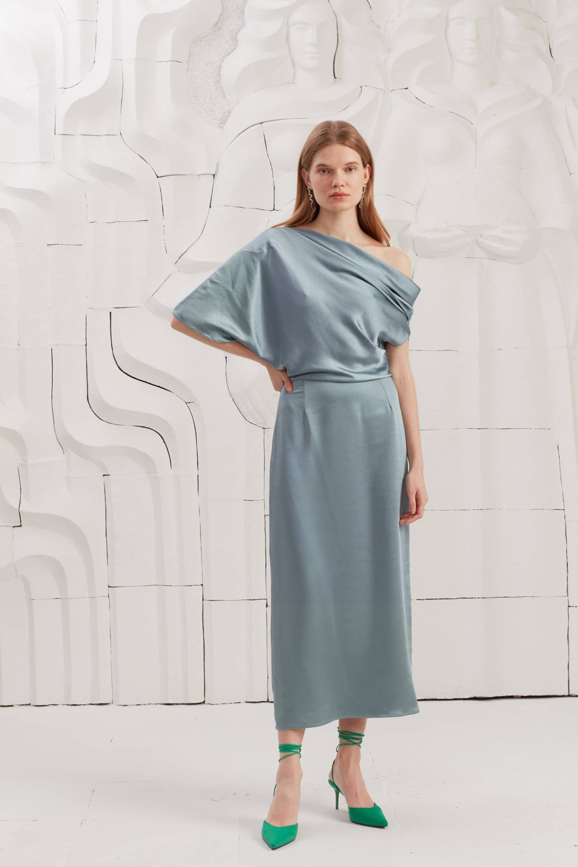 ILENE blue satin asymmetric midi evening dress made by UNDRESS