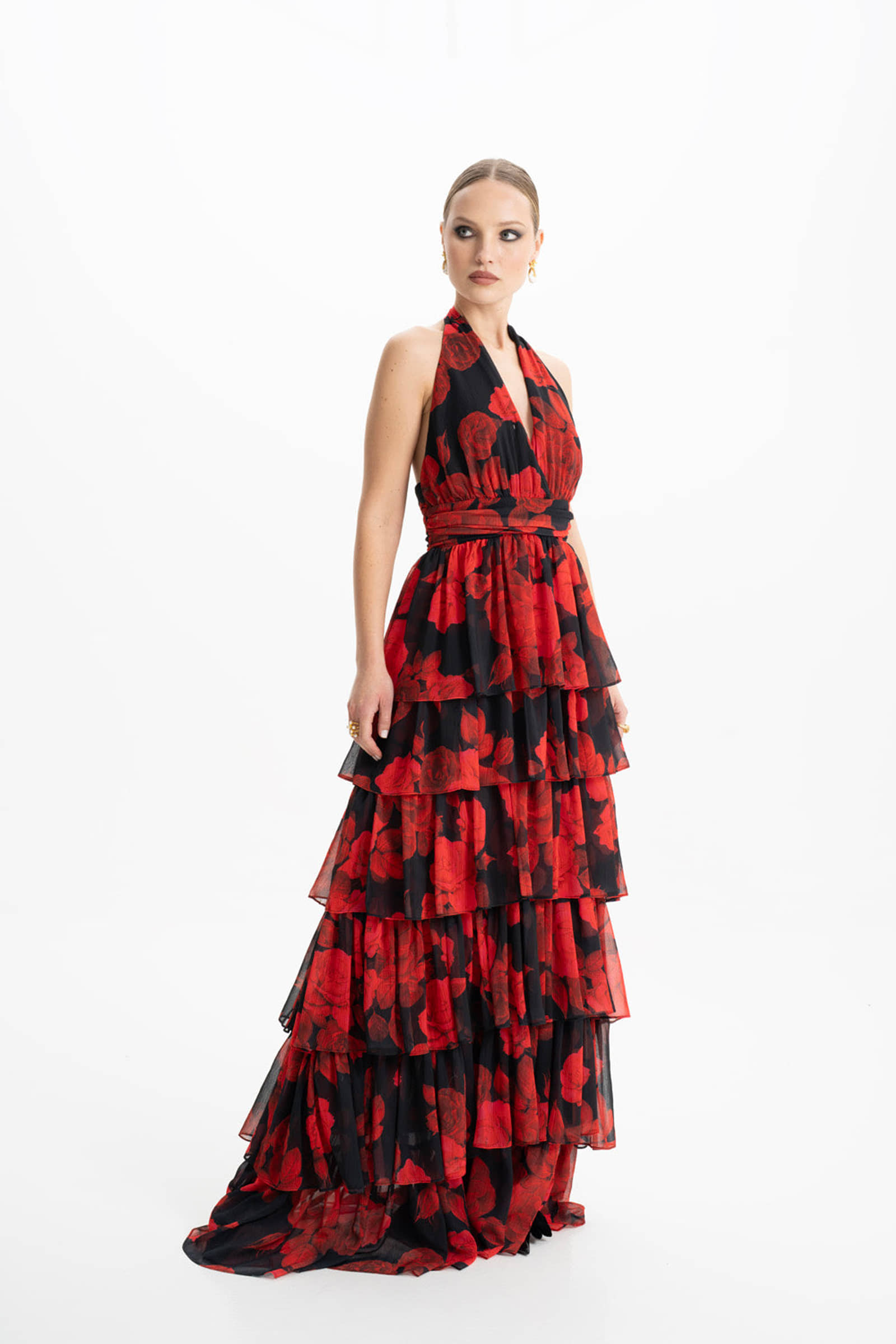 Lola Red Floral Ruffled Maxi Dress made by Lora Istanbul