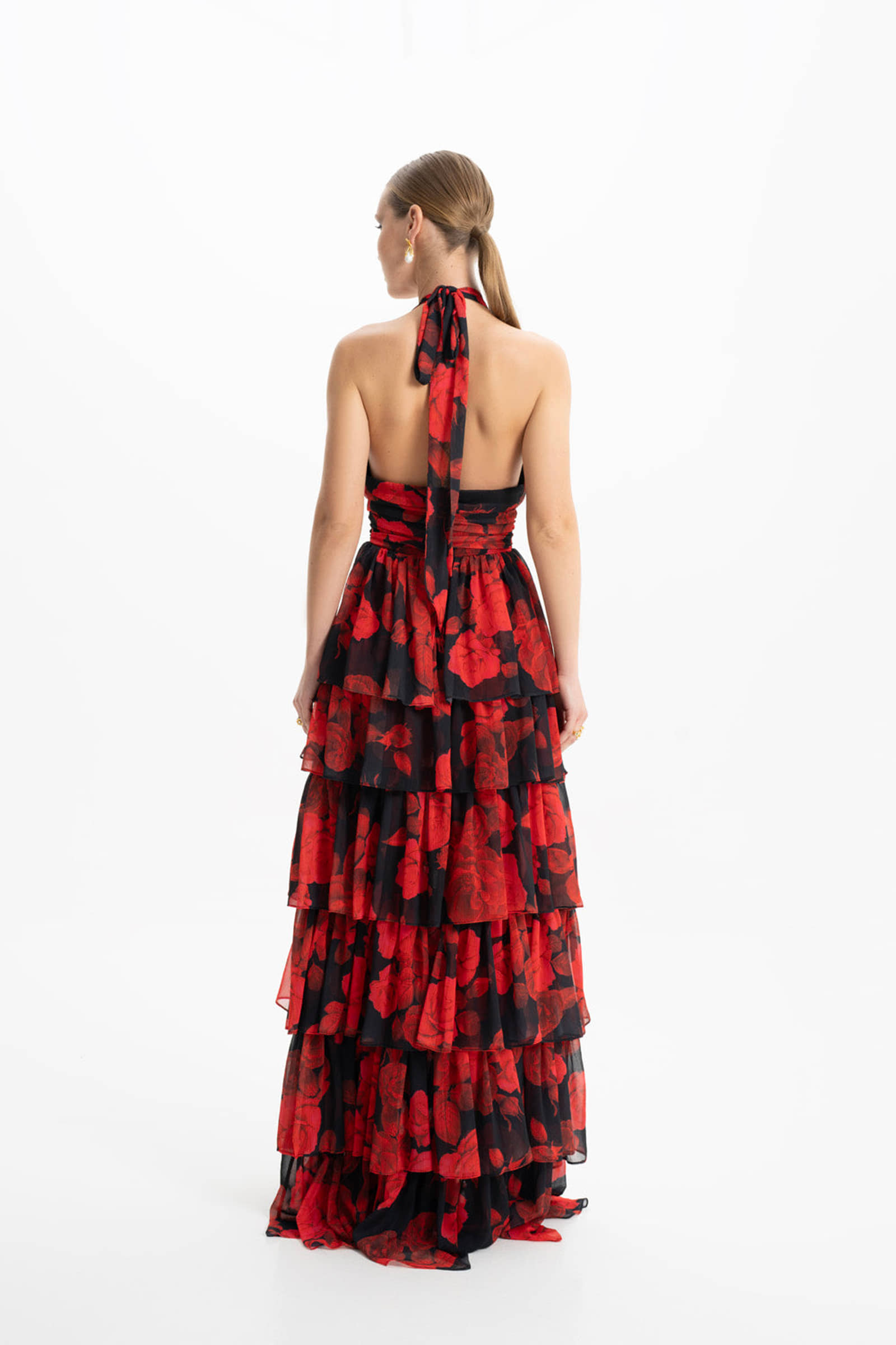 Lola Red Floral Ruffled Maxi Dress made by Lora Istanbul