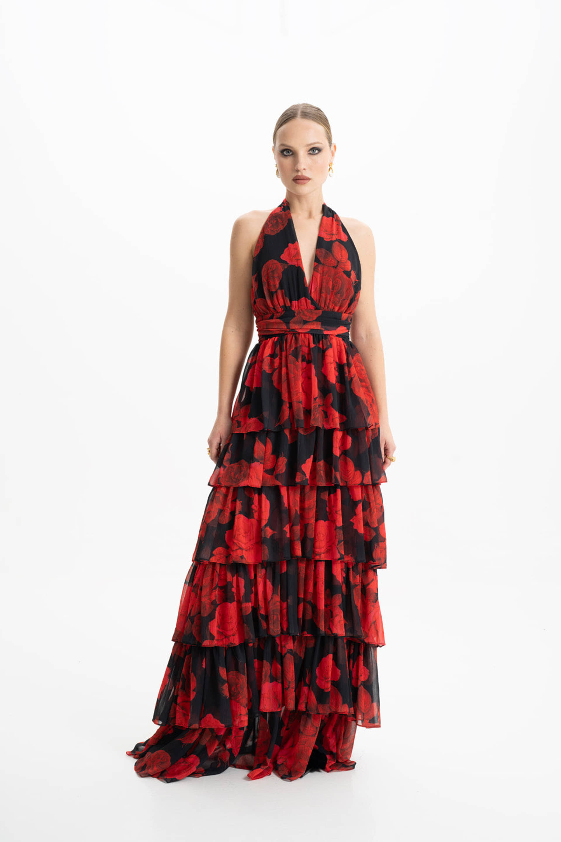 Lola Red Floral Ruffled Maxi Dress made by Lora Istanbul