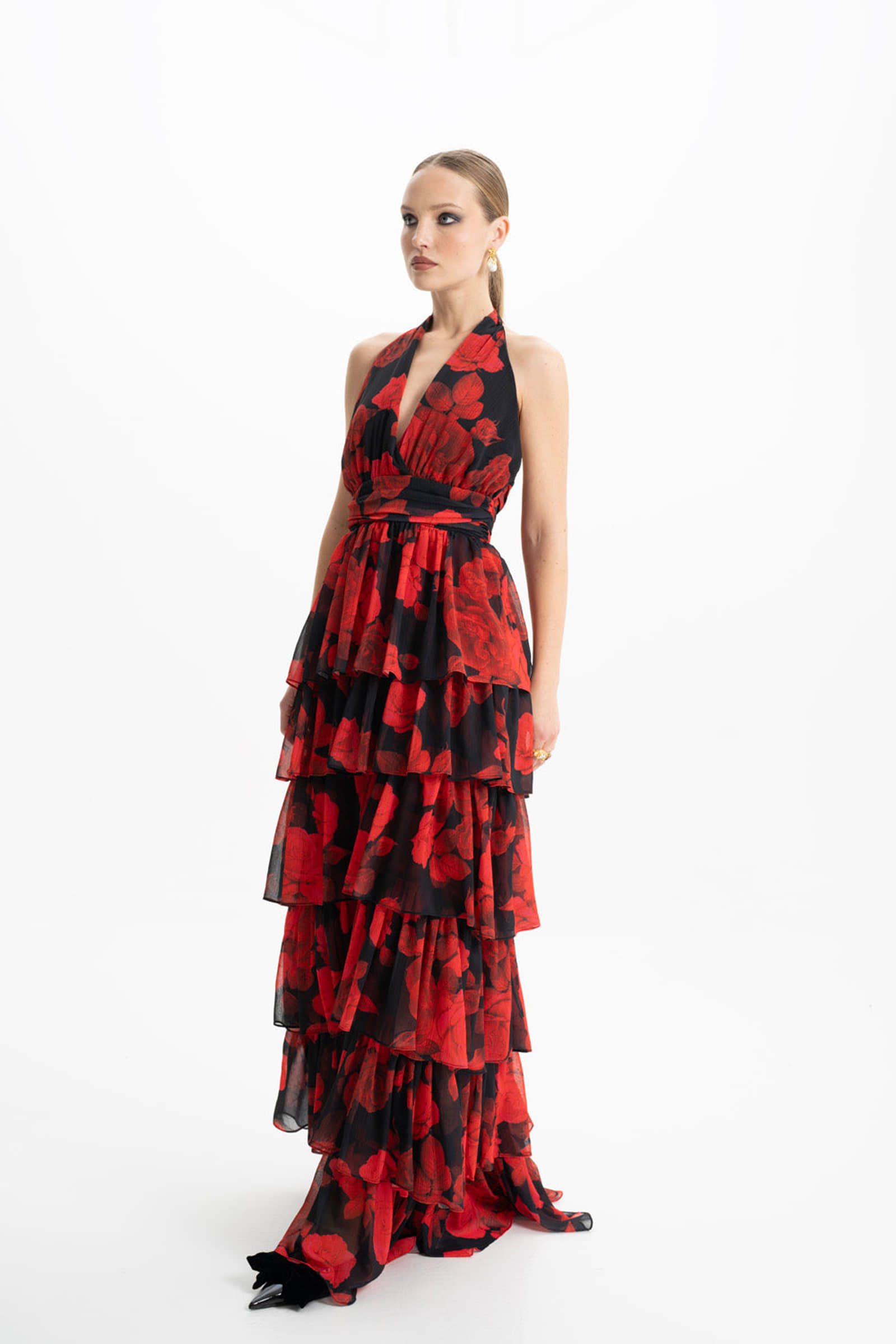 Lola Red Floral Ruffled Maxi Dress made by Lora Istanbul
