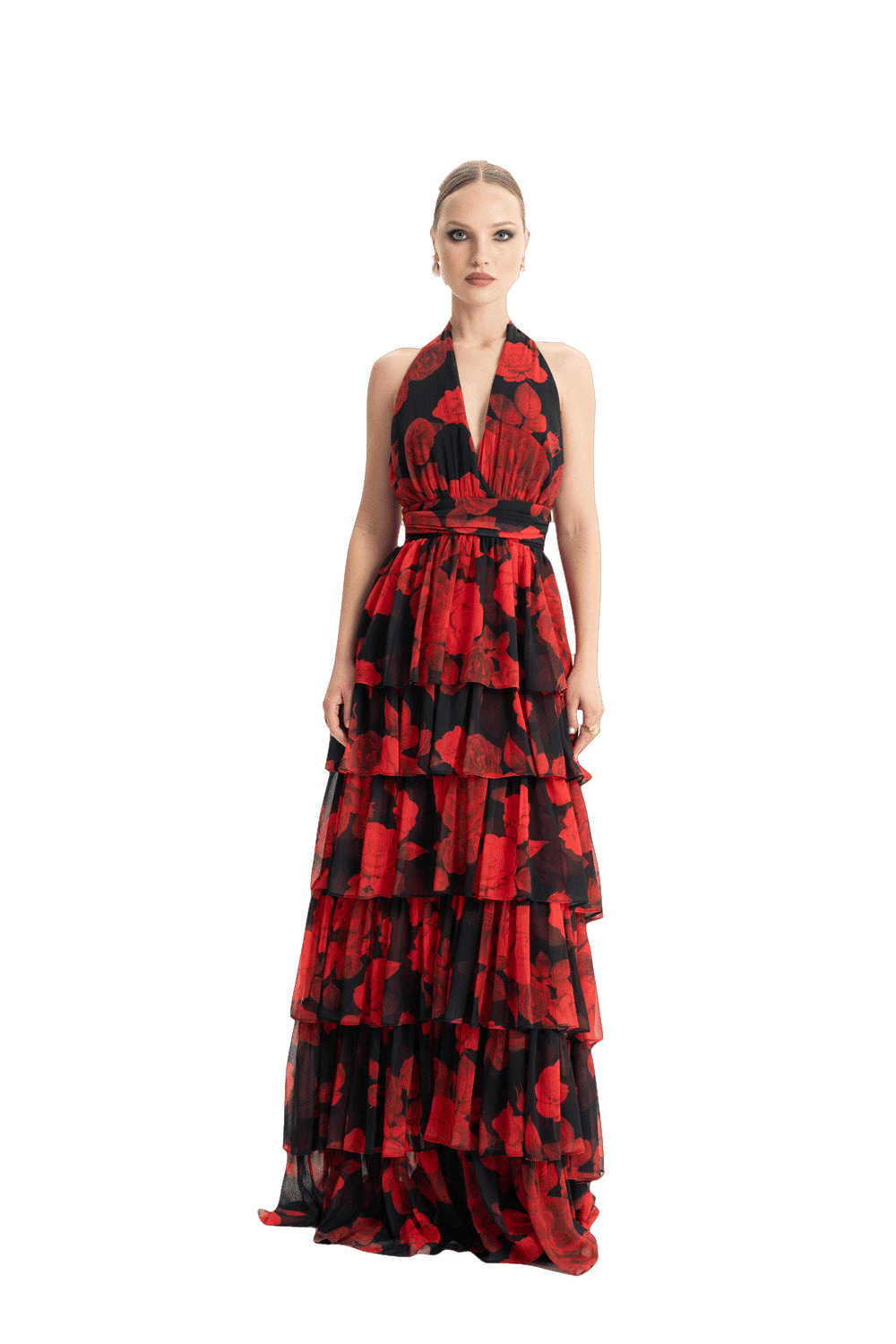 Lola Red Floral Ruffled Maxi Dress made by Lora Istanbul