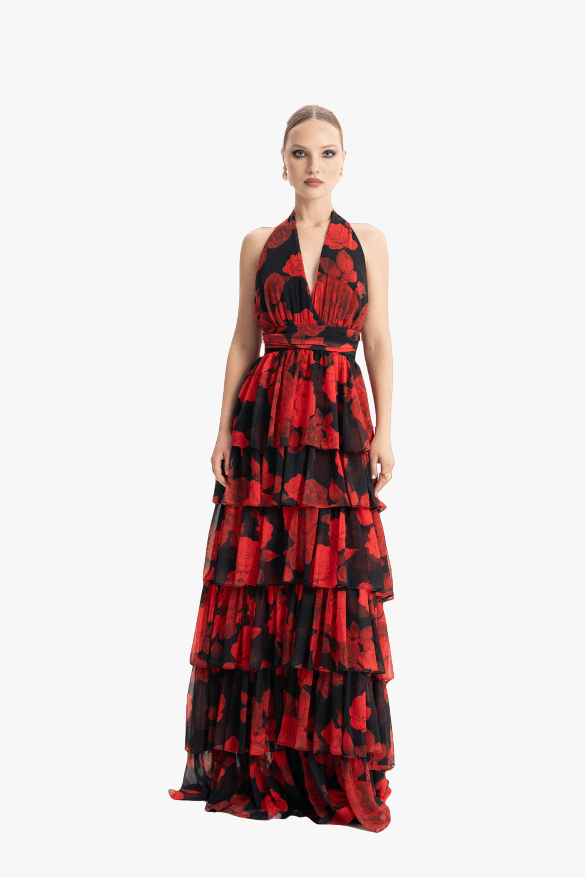 Lola Red Floral Ruffled Maxi Dress made by Lora Istanbul