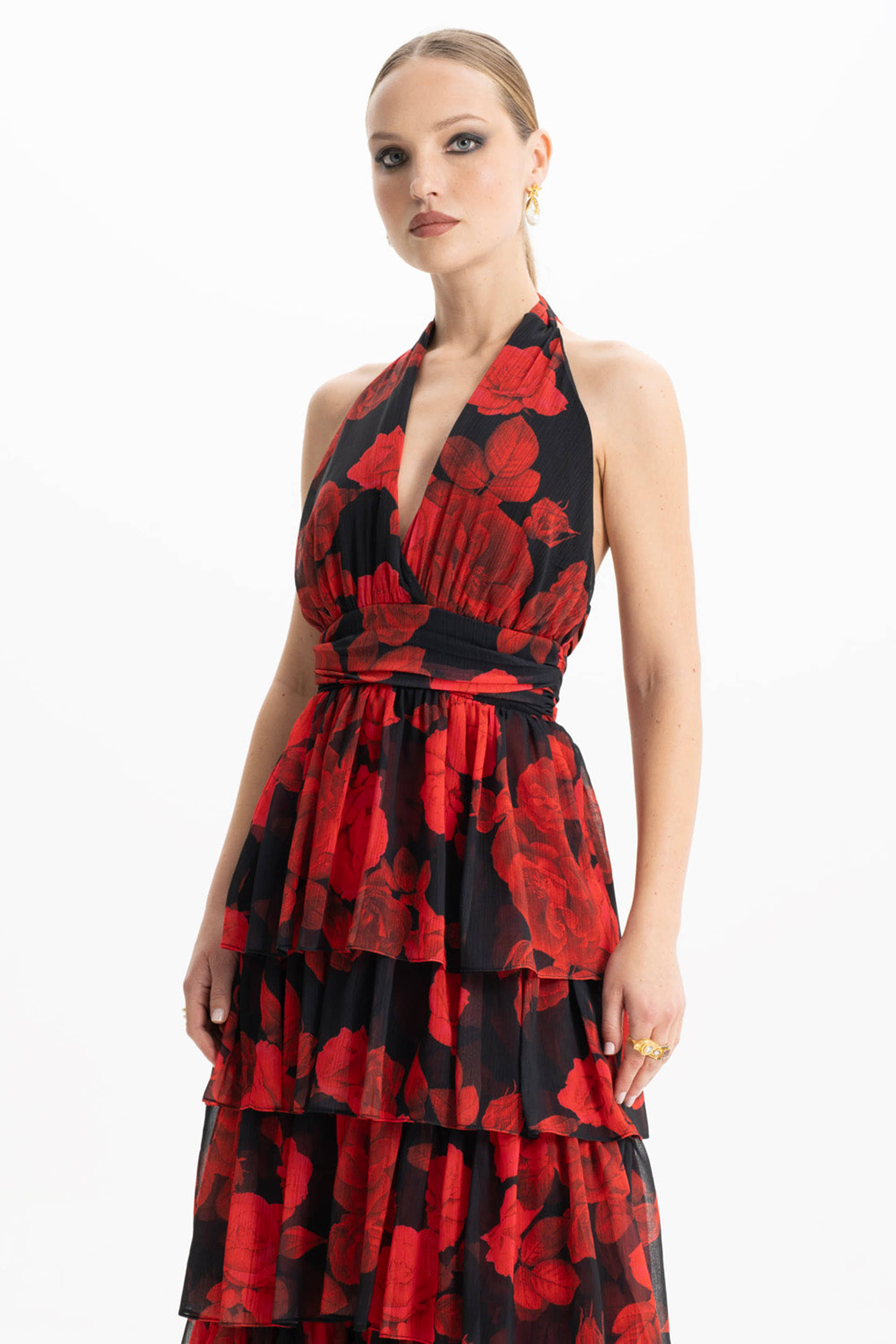 Lola Red Floral Ruffled Maxi Dress made by Lora Istanbul