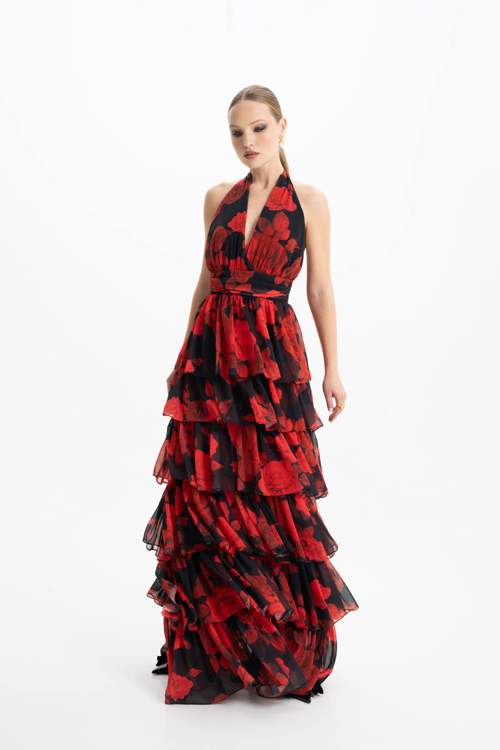 Lola Red Floral Ruffled Maxi Dress made by Lora Istanbul