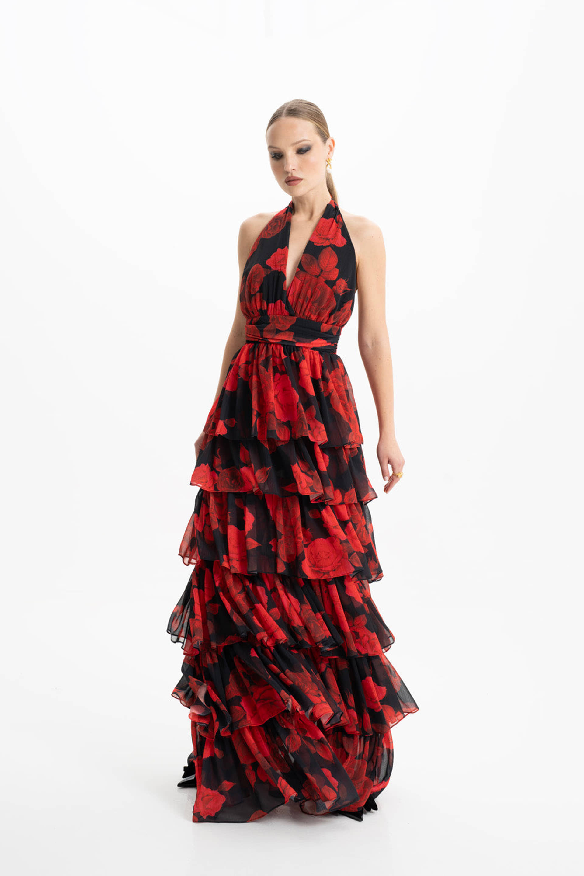 Lola Red Floral Ruffled Maxi Dress made by Lora Istanbul