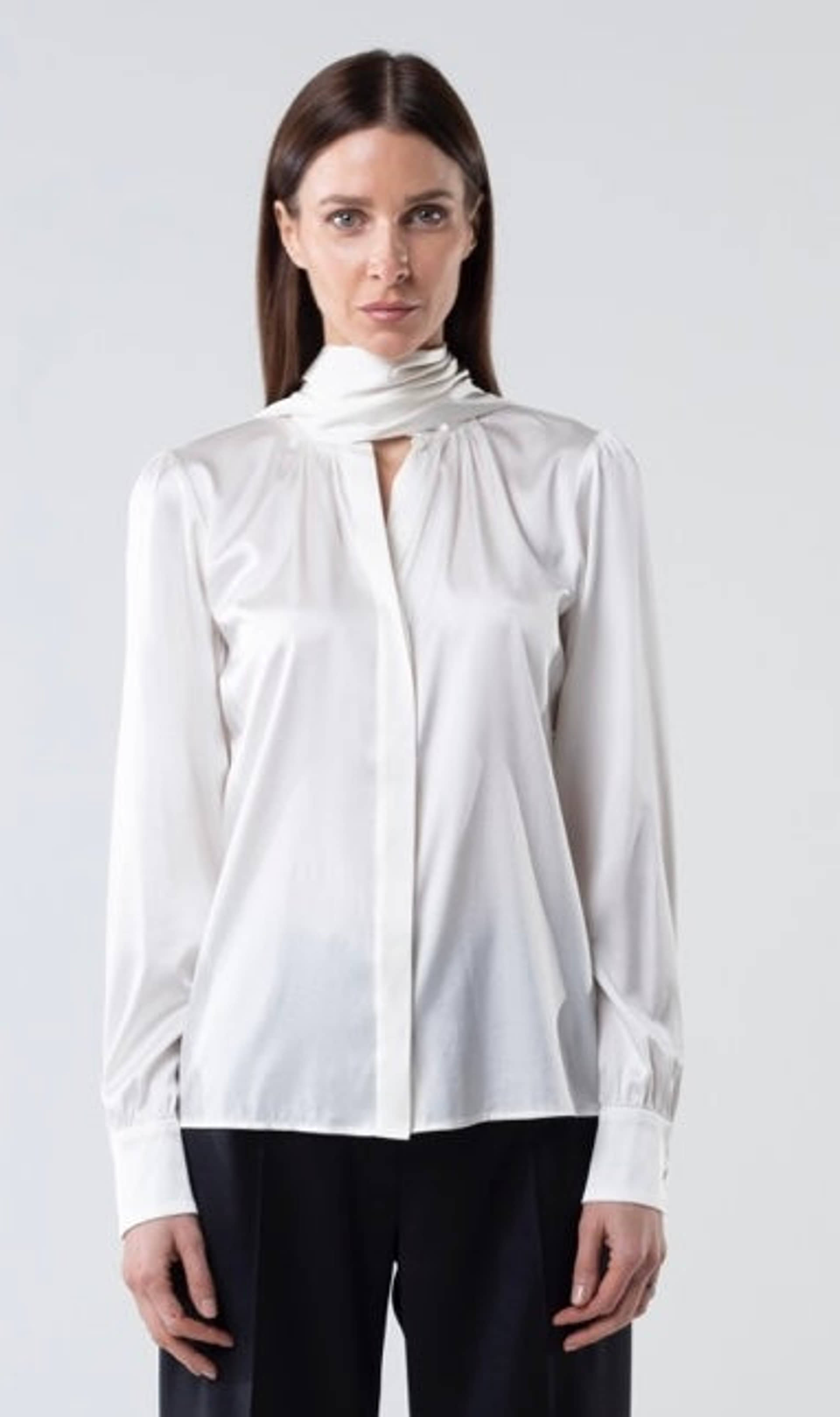 Silk Bow Blouse With Long Sleeves In Ivory made by Vesna W