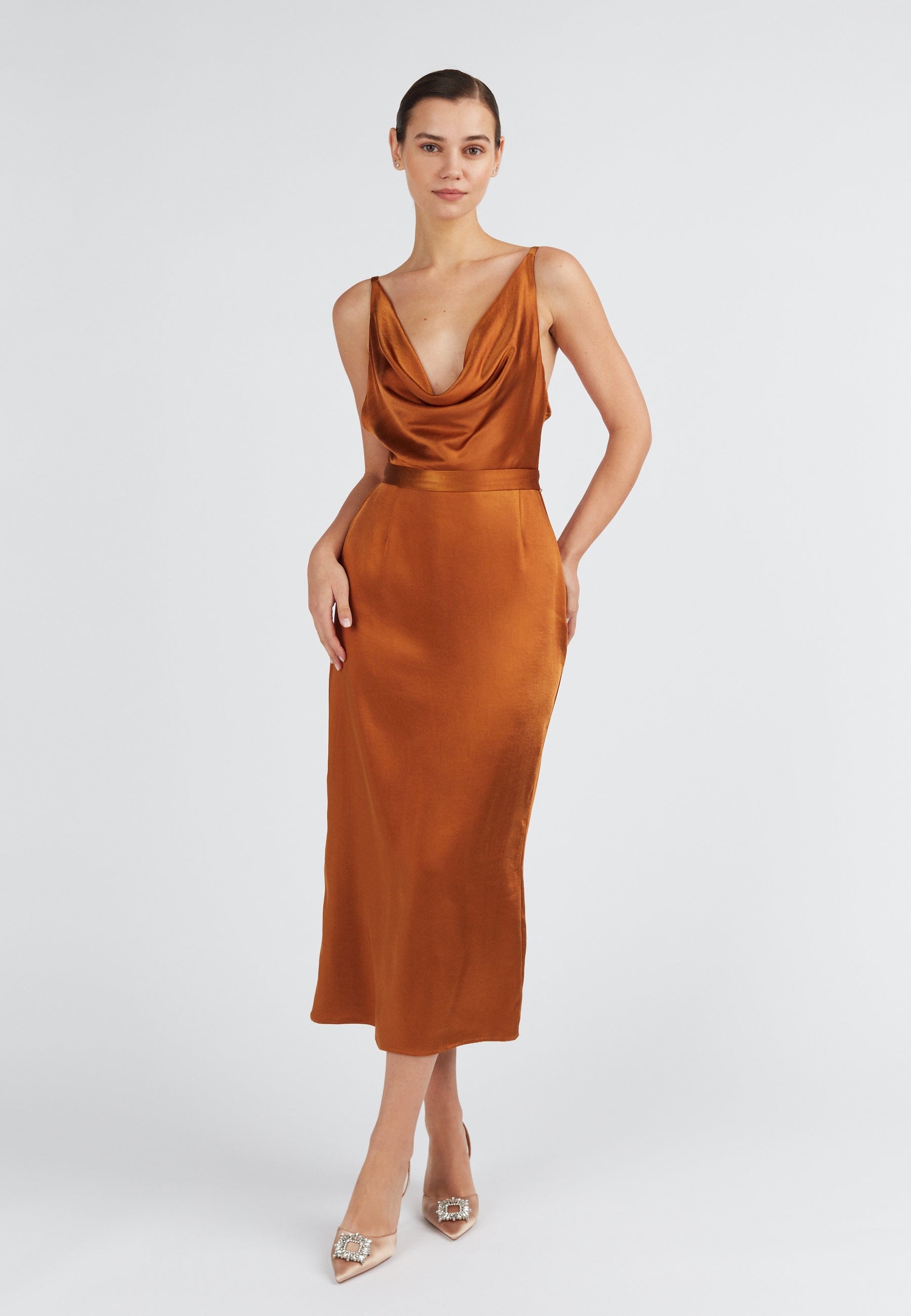 KAMEA brown satin draped front dress made by UNDRESS