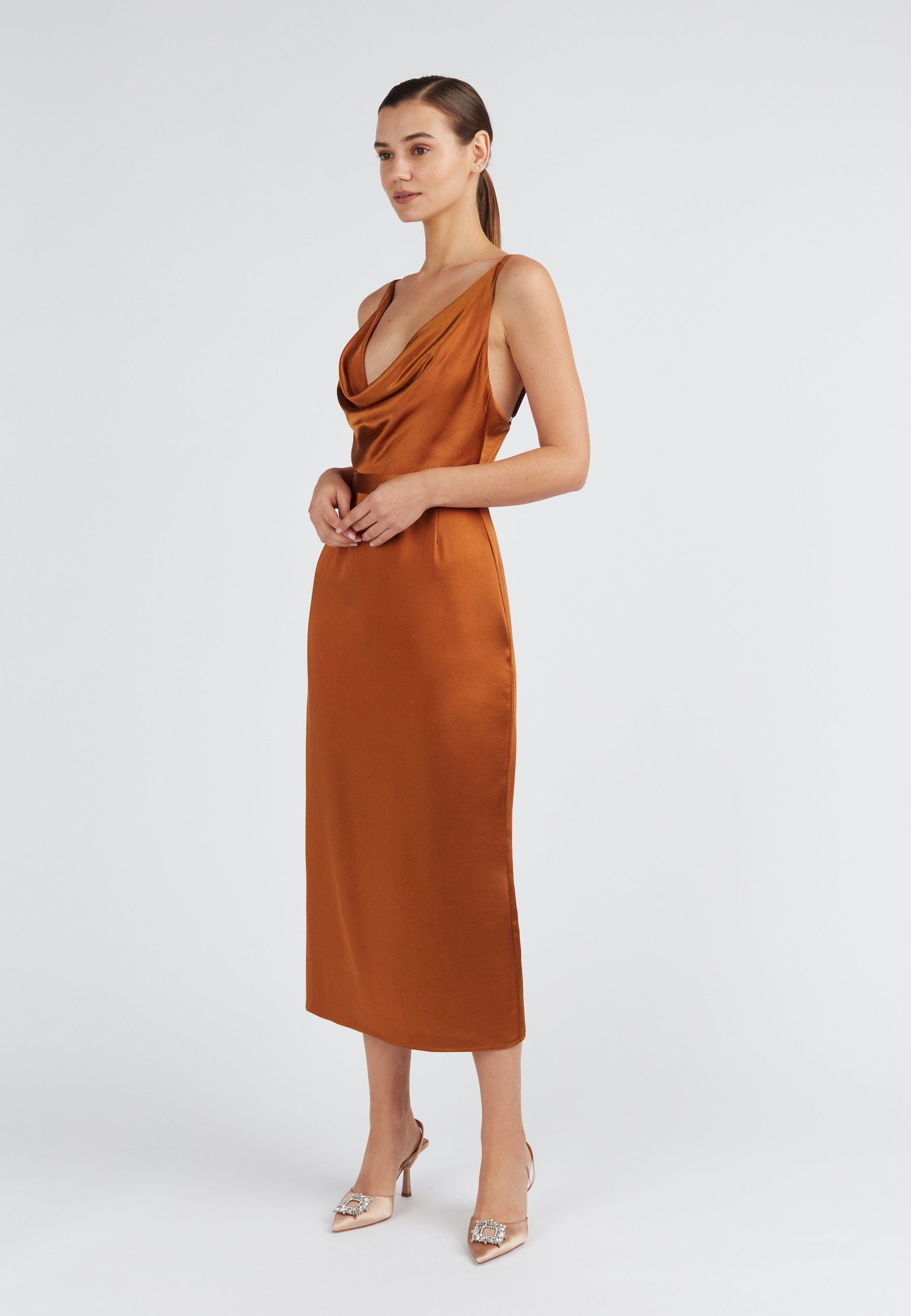 KAMEA brown satin draped front dress made by UNDRESS