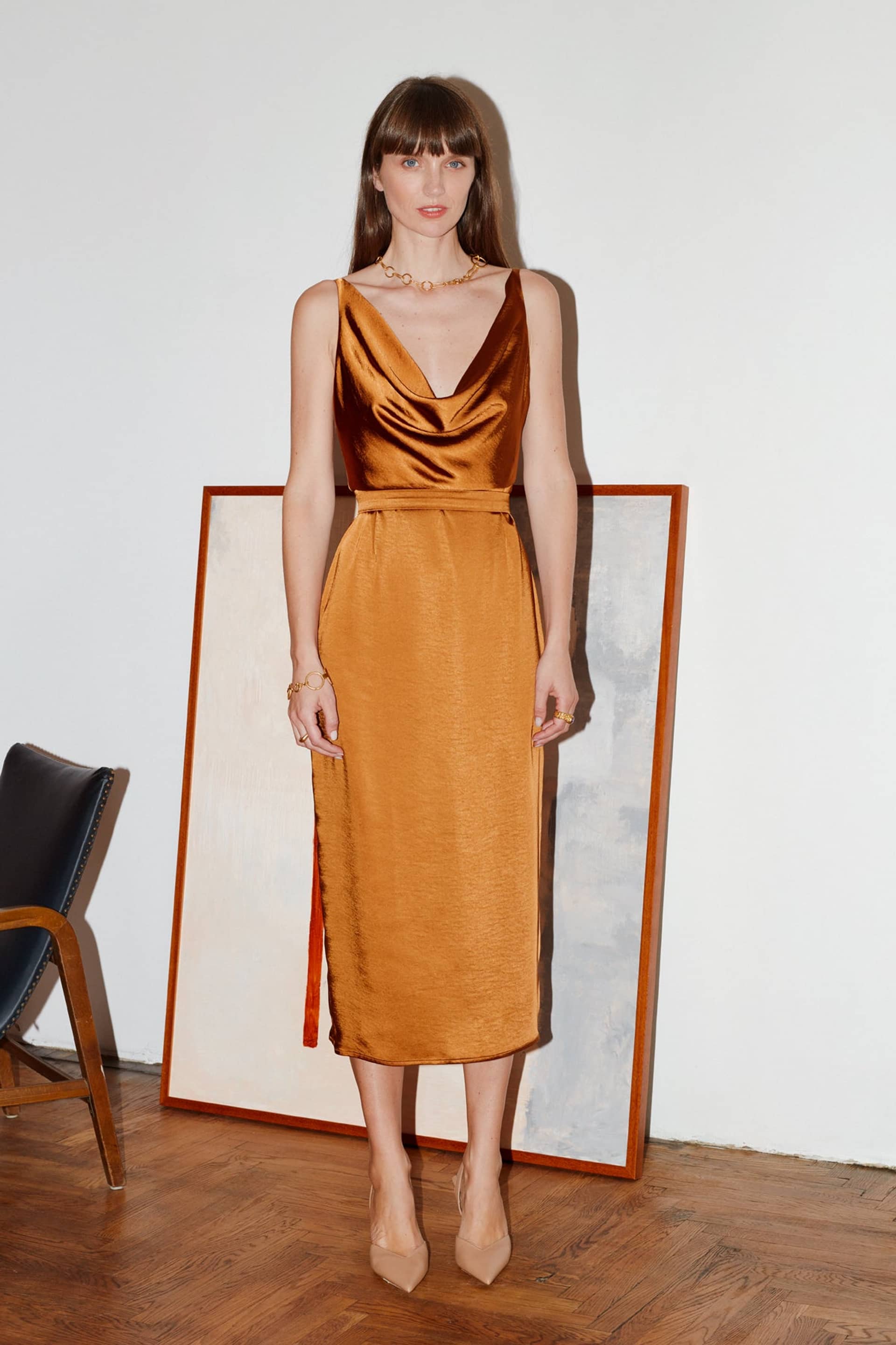 KAMEA brown satin draped front dress made by UNDRESS