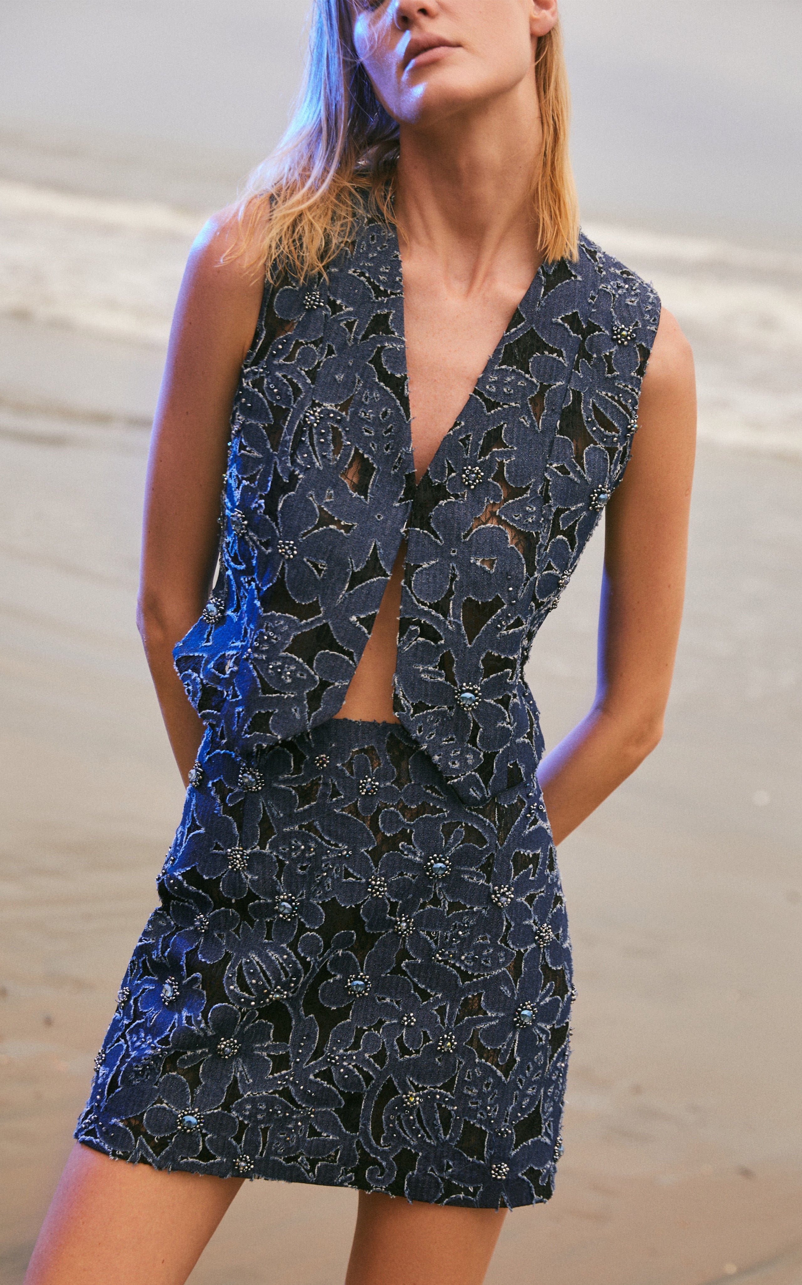 Luces Denim Hand Embroidered Vest made by Francesca Miranda