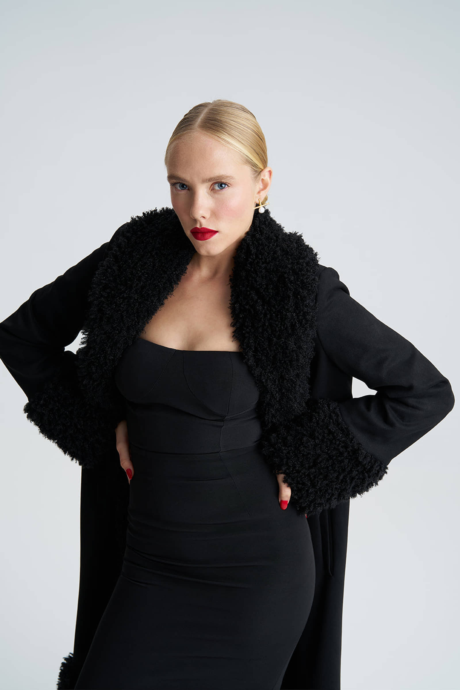 Lora Black Faux Fur Suede Long Coat made by Lora Istanbul