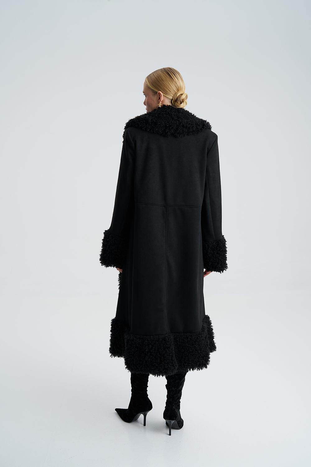 Lora Black Faux Fur Suede Long Coat made by Lora Istanbul