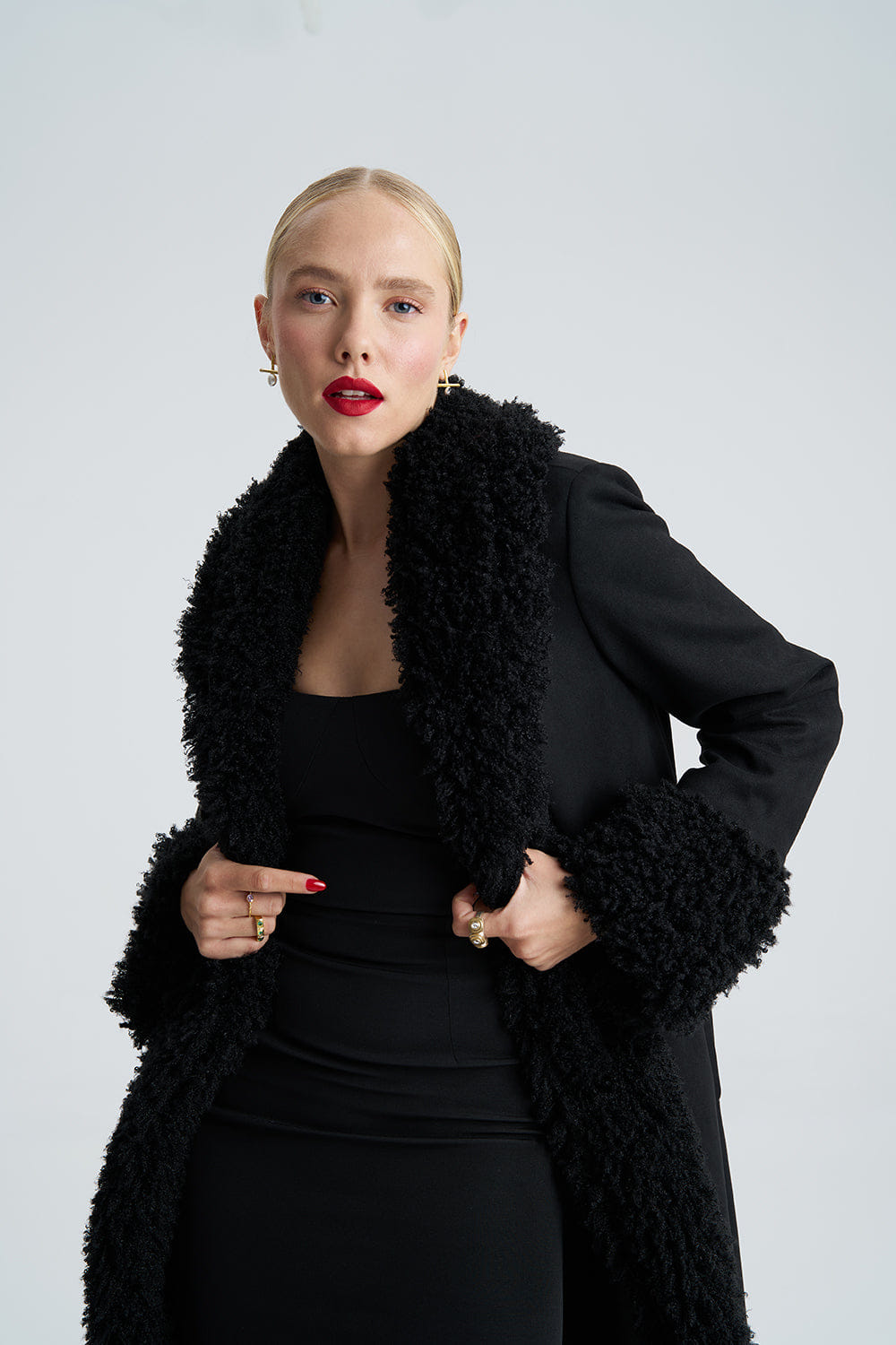 Lora Black Faux Fur Suede Long Coat made by Lora Istanbul