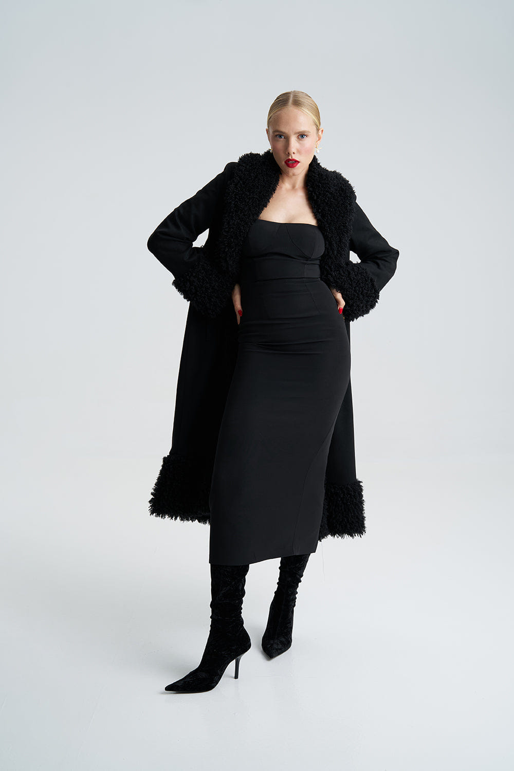 Lora Black Faux Fur Suede Long Coat made by Lora Istanbul