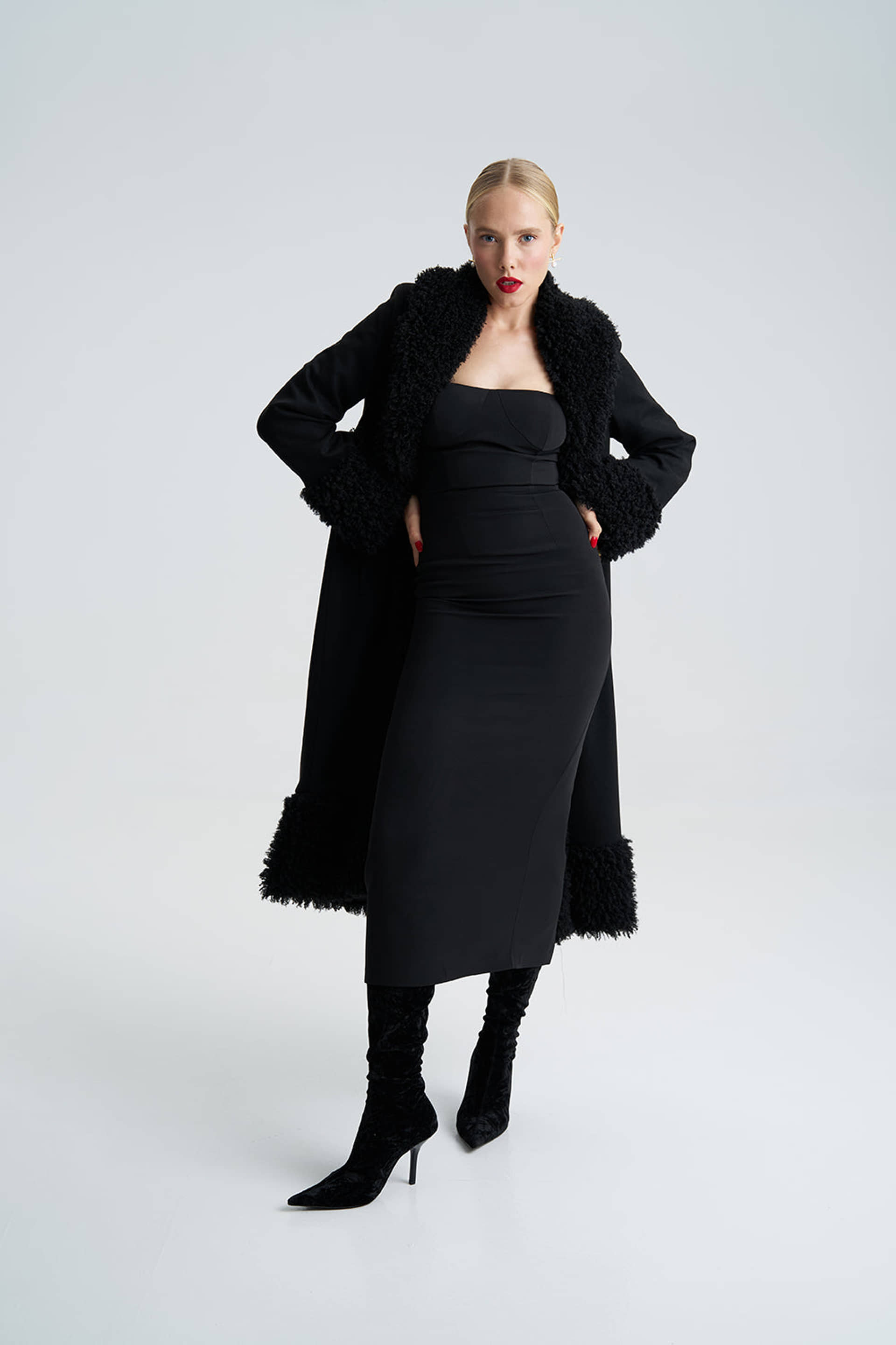 Lora Black Faux Fur Suede Long Coat made by Lora Istanbul