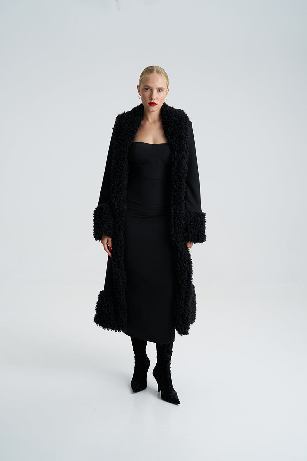 Lora Black Faux Fur Suede Long Coat made by Lora Istanbul
