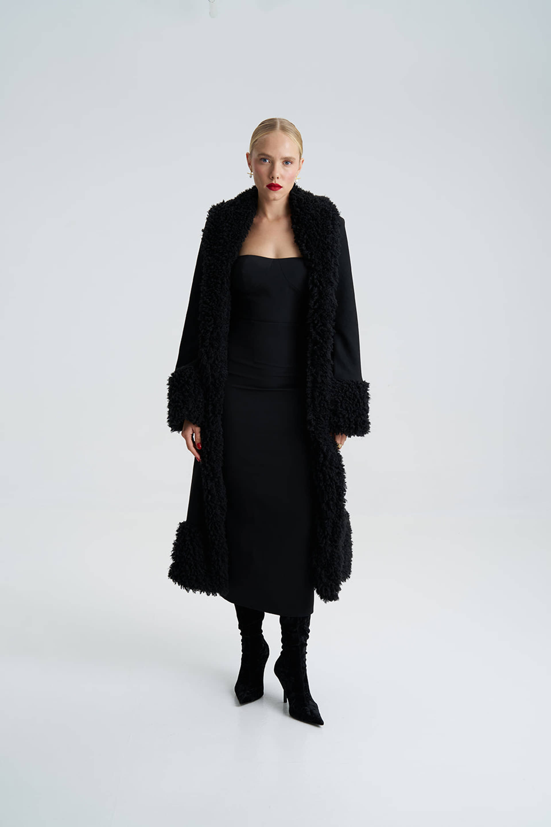 Lora Black Faux Fur Suede Long Coat made by Lora Istanbul