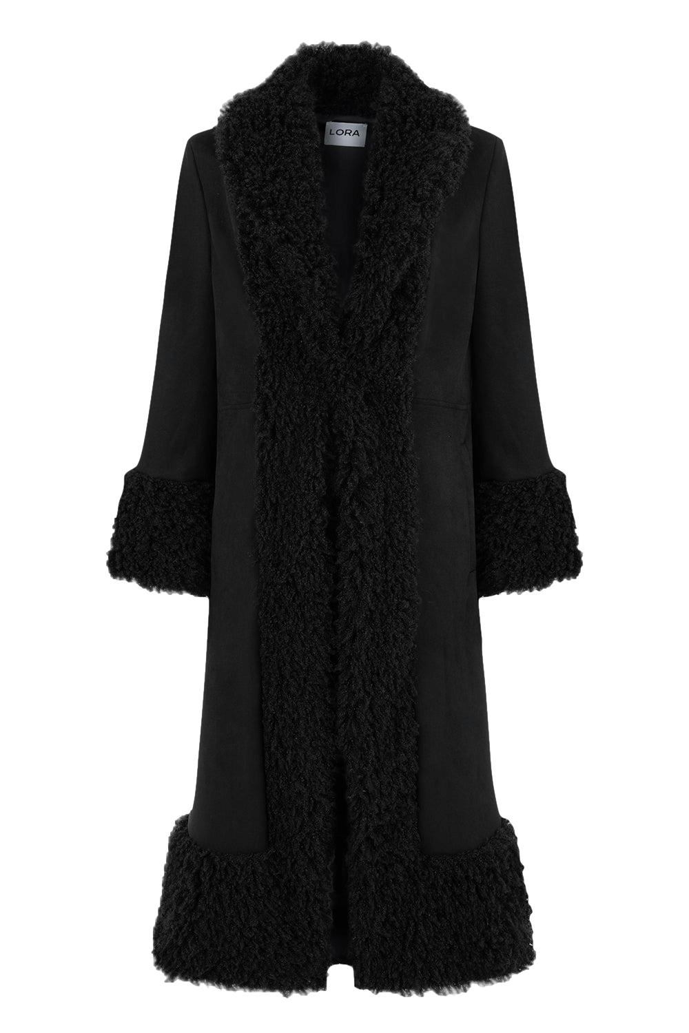 Lora Black Faux Fur Suede Long Coat made by Lora Istanbul