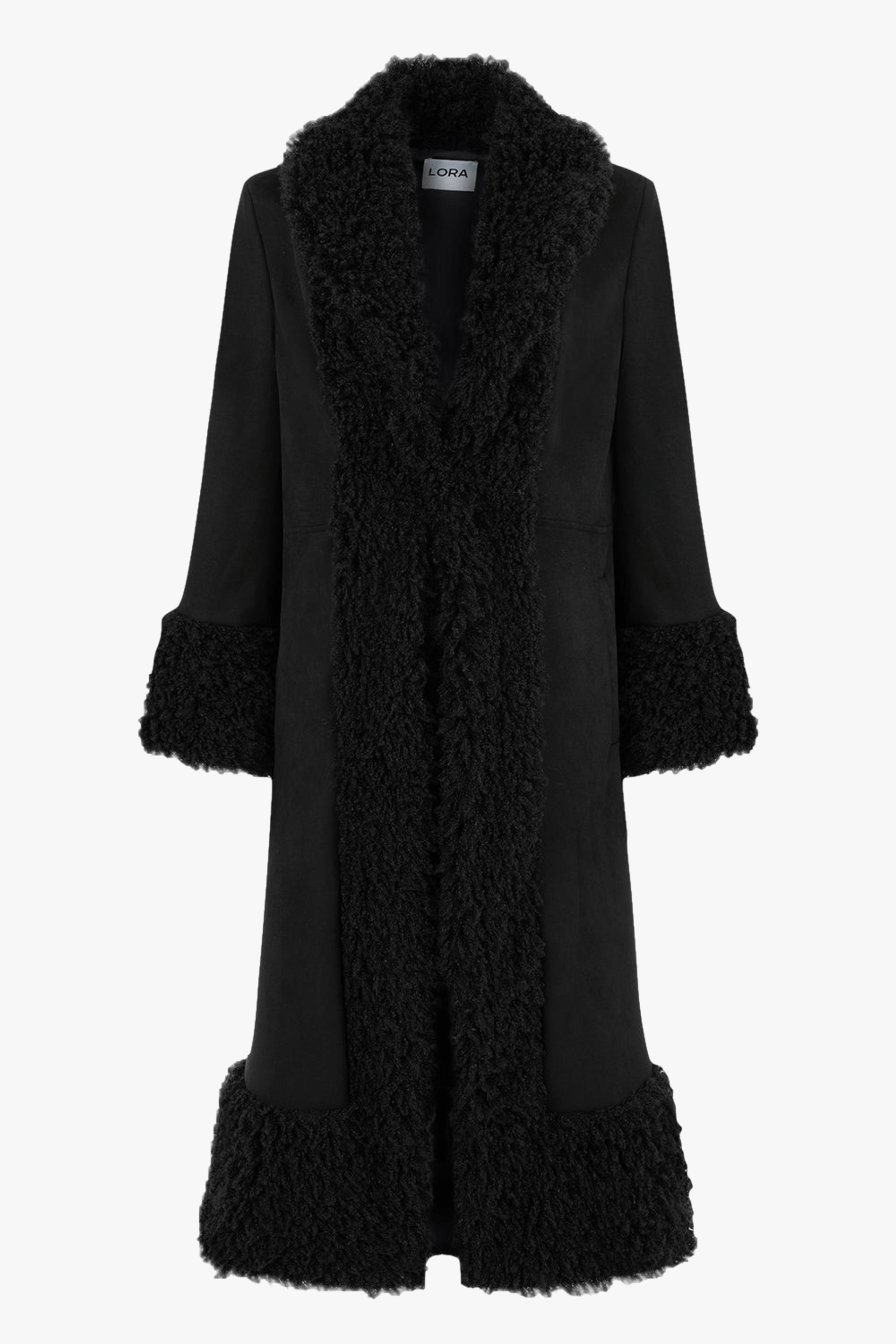 Lora Black Faux Fur Suede Long Coat made by Lora Istanbul