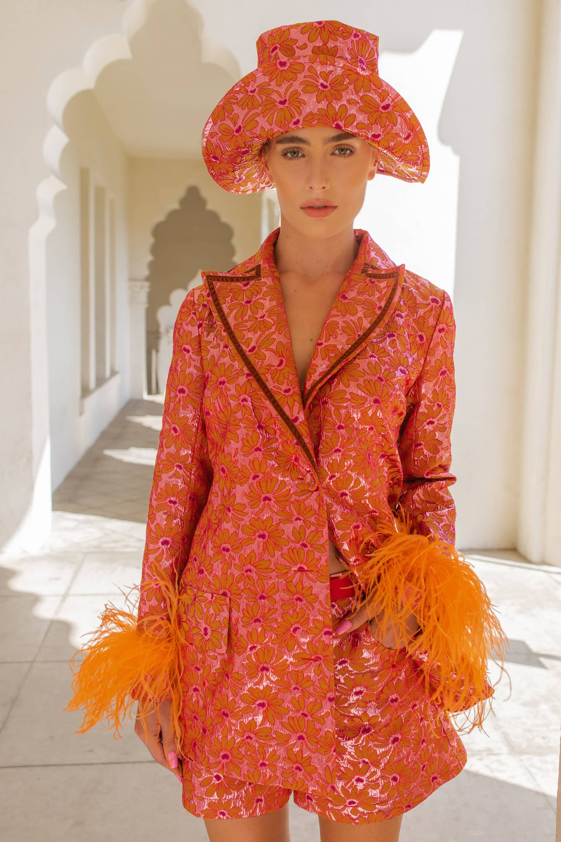 Red Jacqueline Jacket №22 With Detachable Feather Cuffs made by ANDREEVA