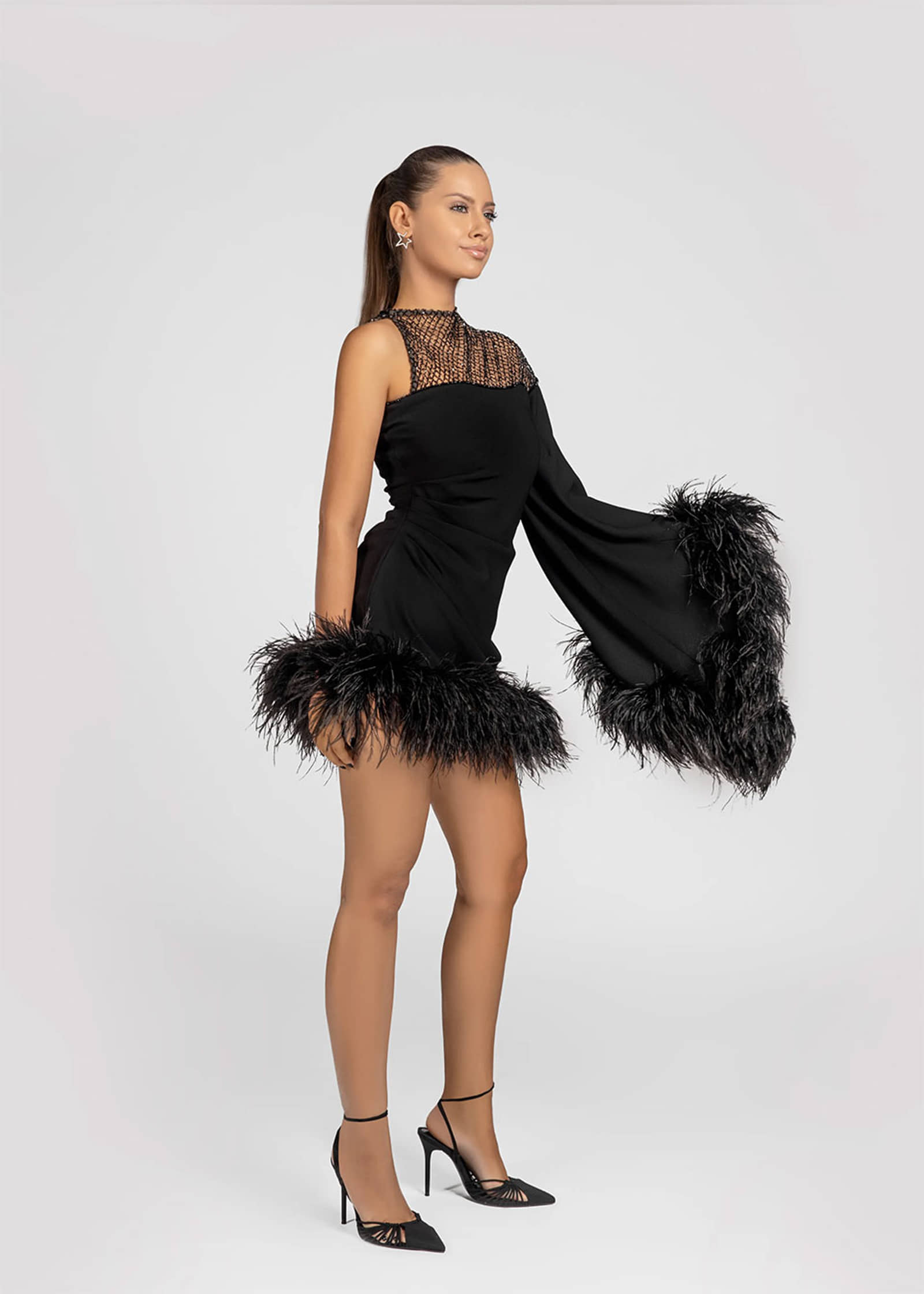 Aurora asymmetric draped black feather dress made by Monika Dimova