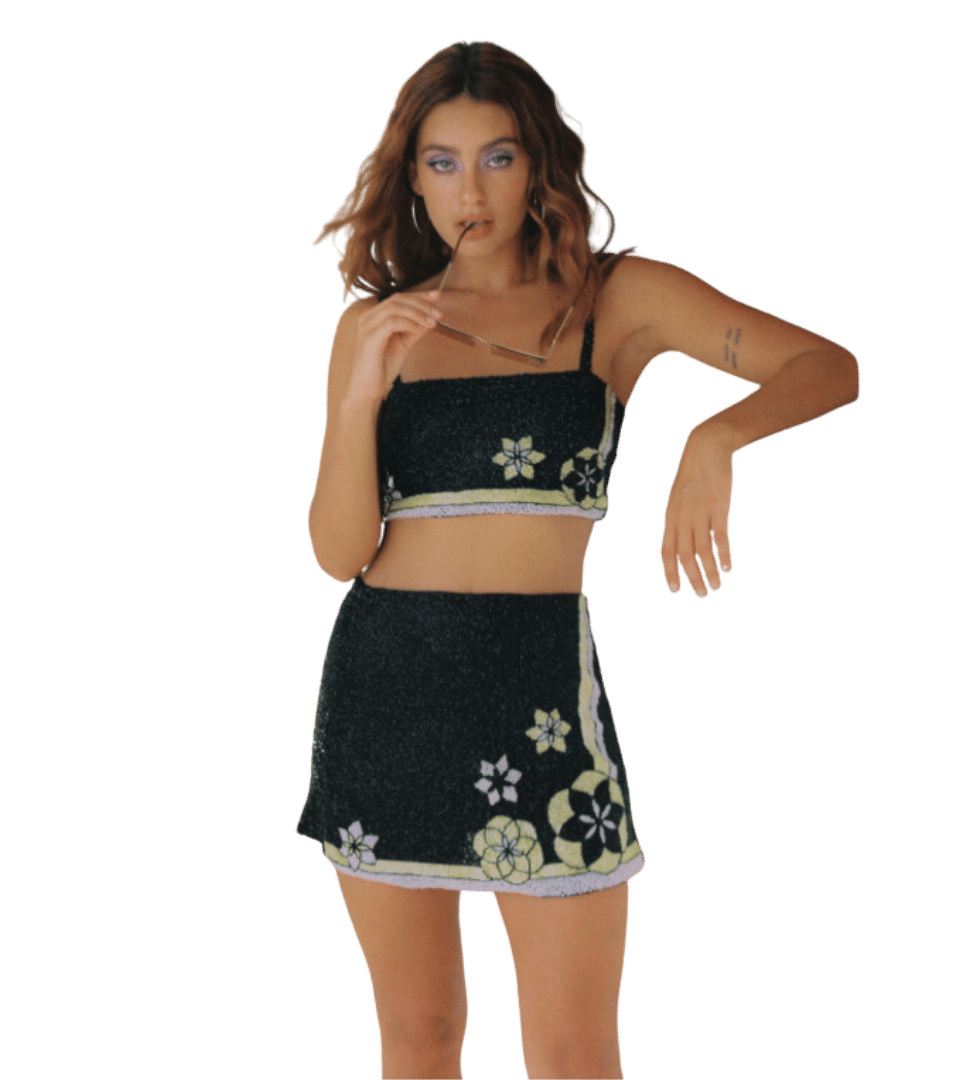 Mei Hand Embroidered Summer Co-ord Black in Black made by Oceanus Swimwear