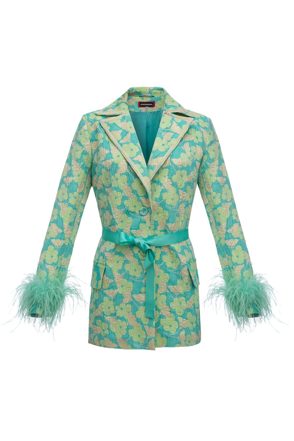 Pink Jacqueline Jacket  №21 With Detachable  Feather Cuffs in Blue made by ANDREEVA