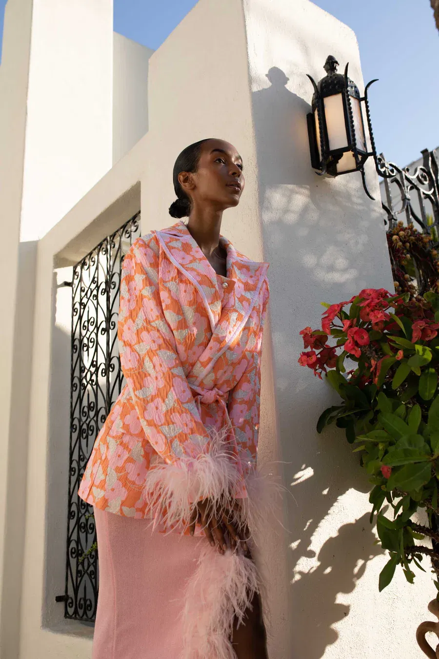 Pink Jacqueline Jacket  №21 With Detachable  Feather Cuffs in Pink made by ANDREEVA