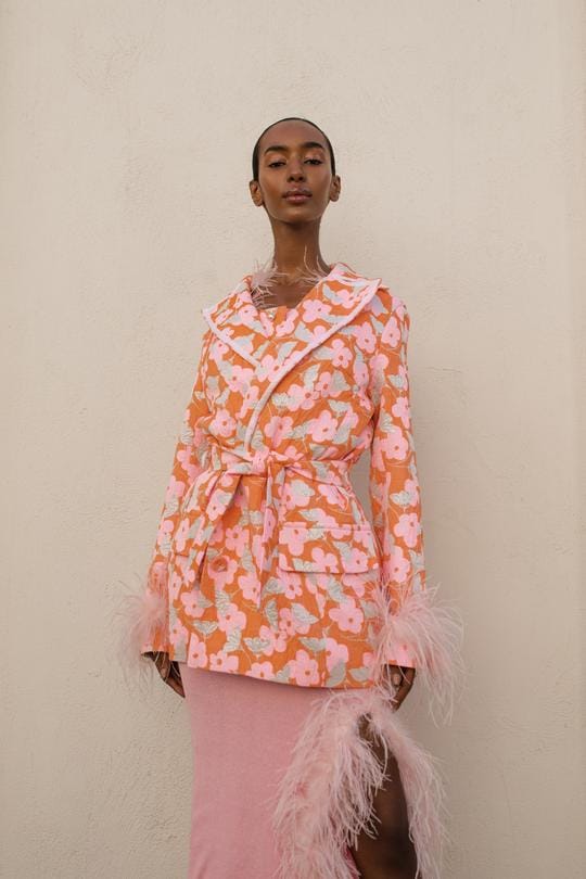 Pink Jacqueline Jacket  №21 With Detachable  Feather Cuffs in Pink made by ANDREEVA