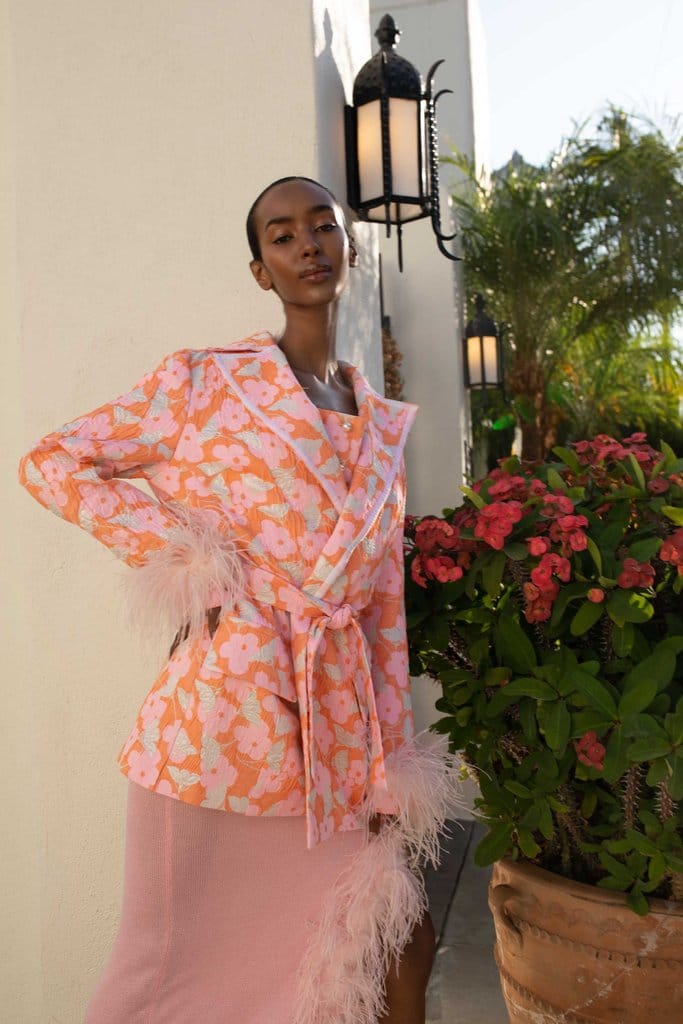 Pink Jacqueline Jacket  №21 With Detachable  Feather Cuffs in Pink made by ANDREEVA